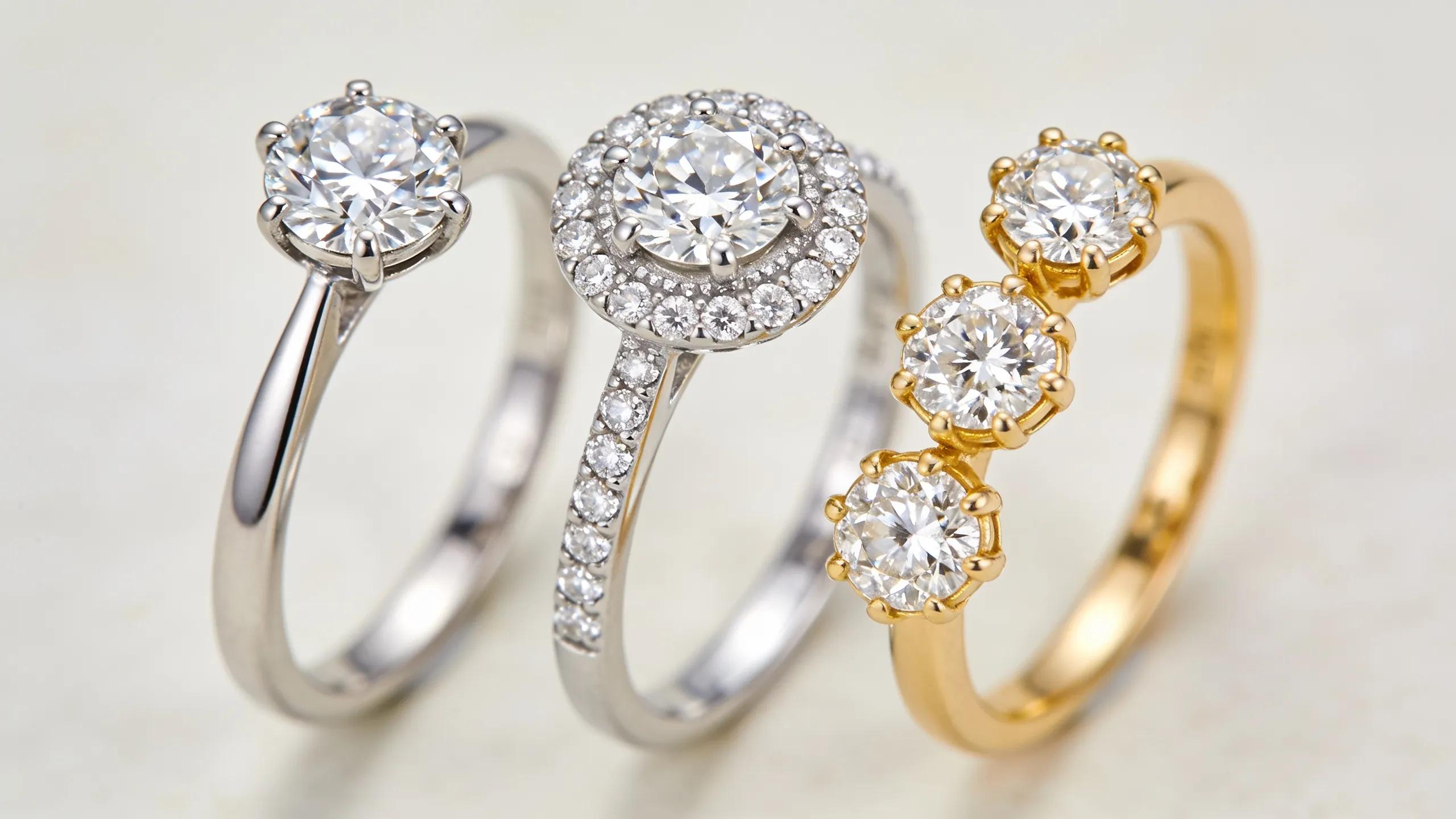 Close-up of popular diamond ring styles emphasizing clarity and design intricacies