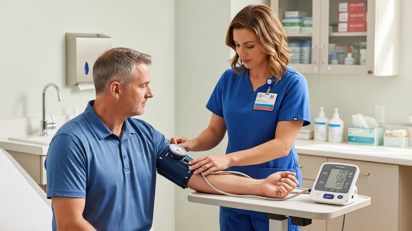 Healthcare provider measuring blood pressure during a vital signs assessment in a clinical environment