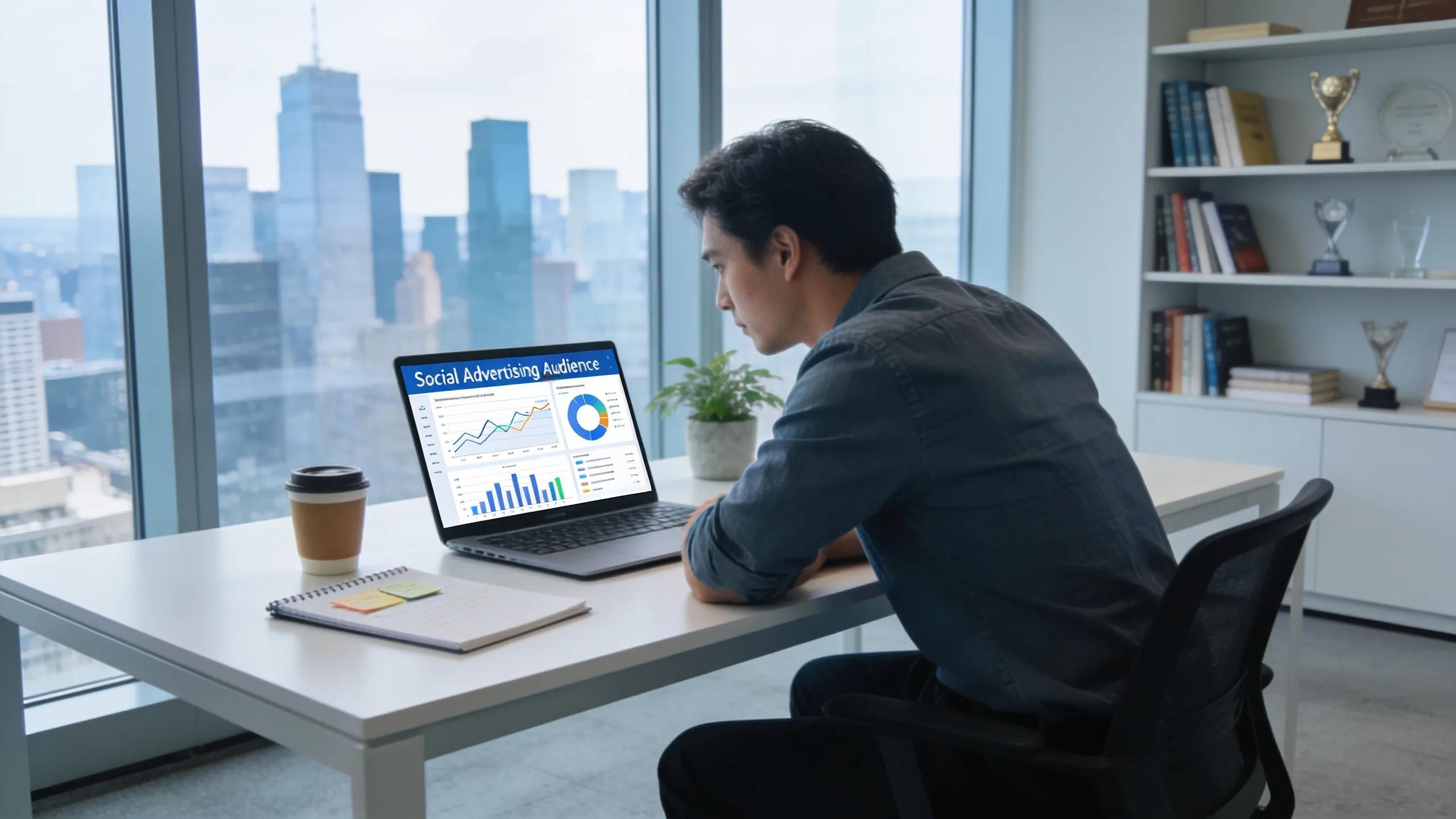 Person analyzing audience data for social advertising in a modern office space