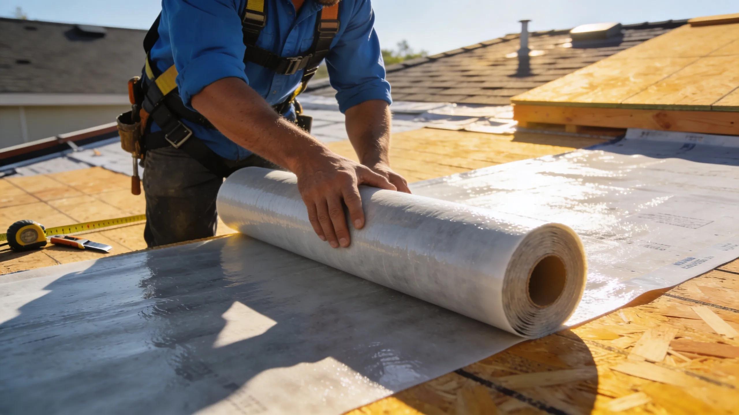 A worker installing synthetic underlayment on a roof deck, illustrating its lightweight and waterproof characteristics during the installation process