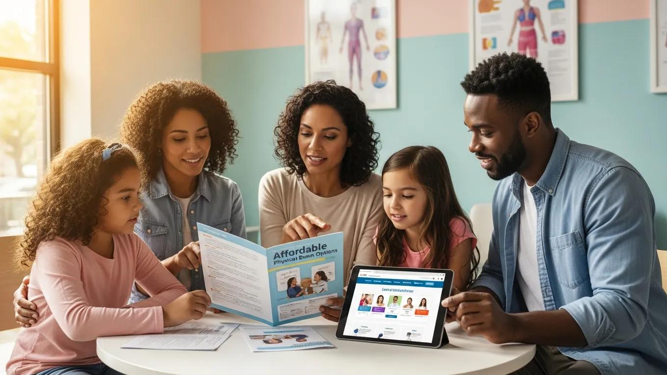 Family exploring affordable physical exam pricing options in a healthcare setting