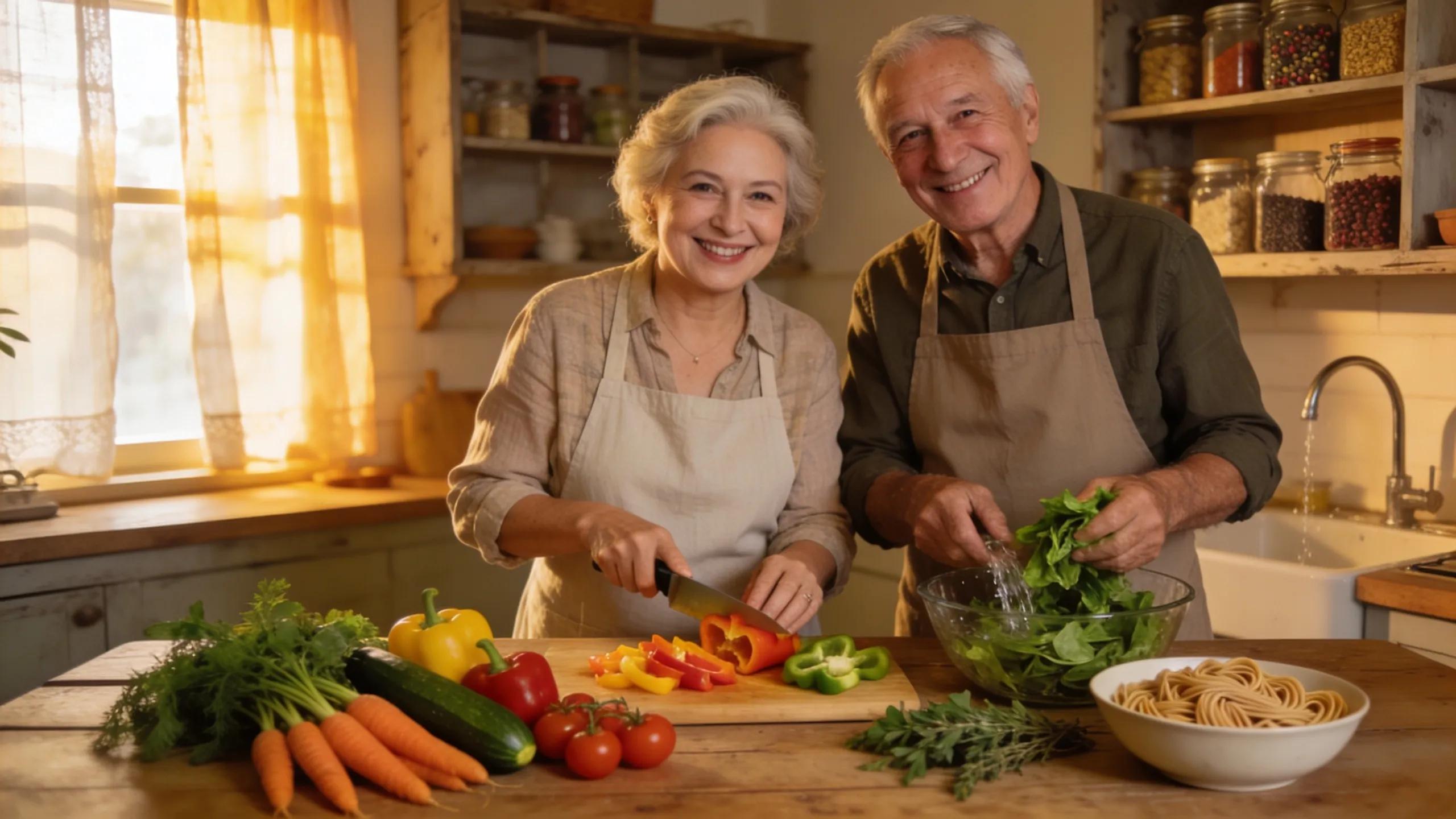 Senior couple preparing healthy meals together highlighting senior meal prep services