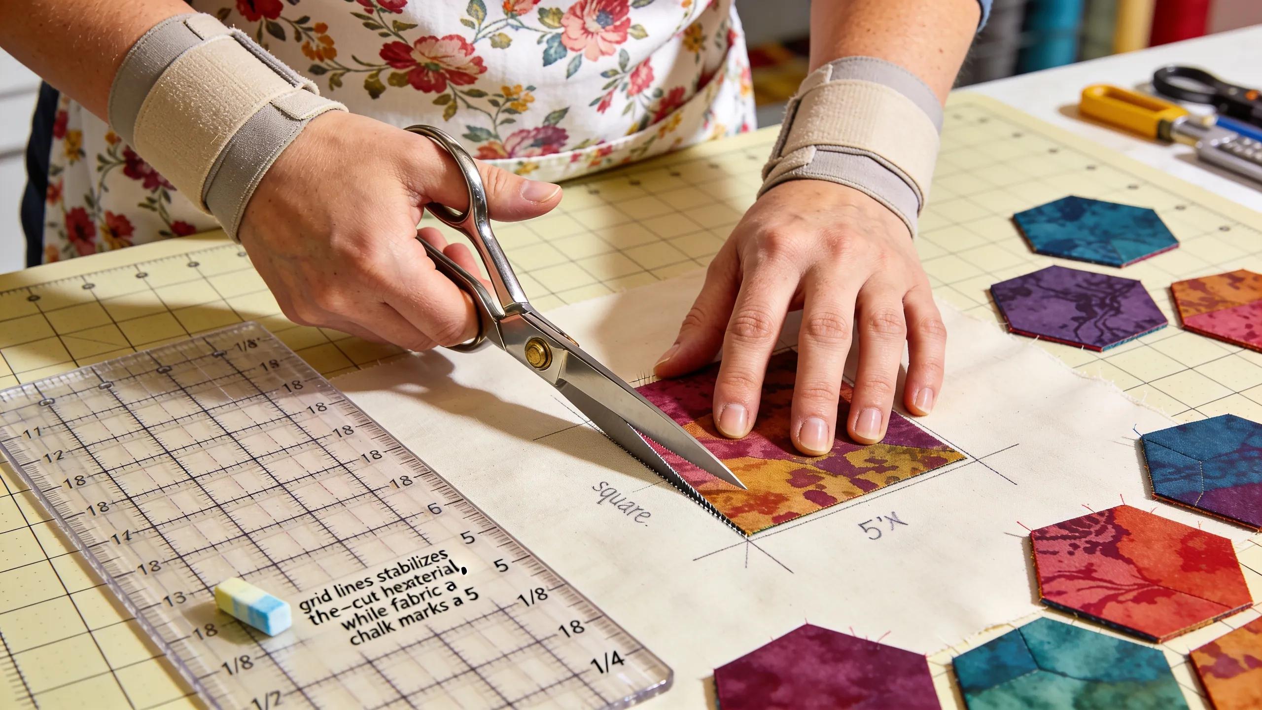 Quilter cutting fabric accurately using a ruler and scissors during the fussy cutting process