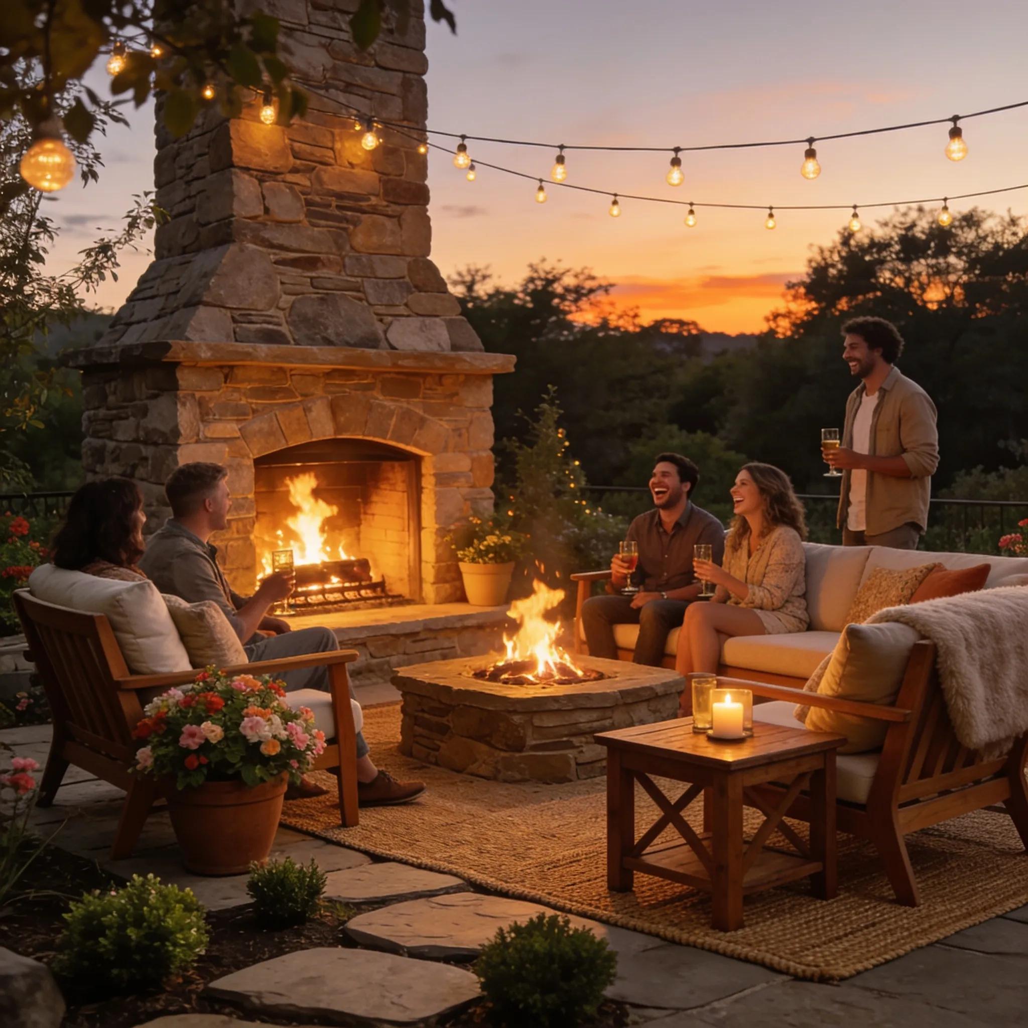 Stylish outdoor fireplace with seating arrangement in a beautifully landscaped garden