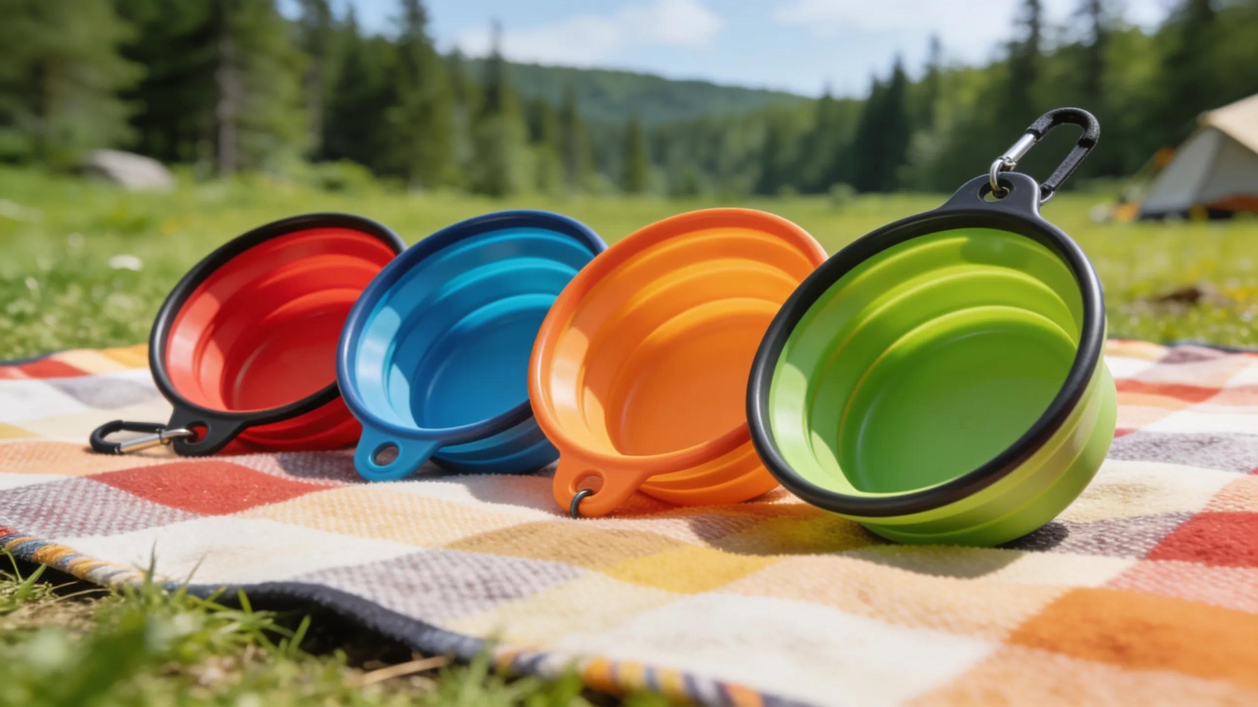 Different types of portable dog bowls displayed on a picnic blanket in nature