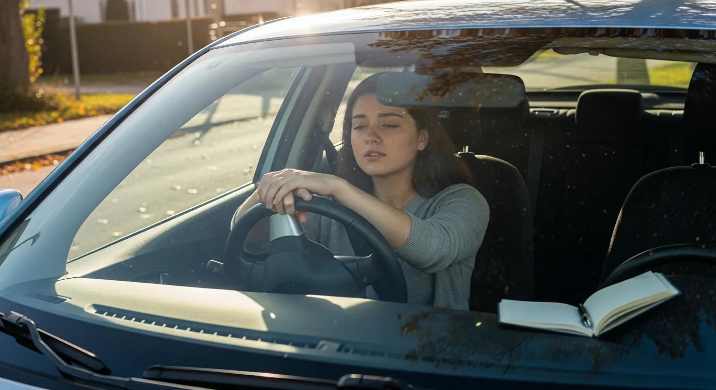Young driver practicing breathing techniques to overcome driving test anxiety in a parked car