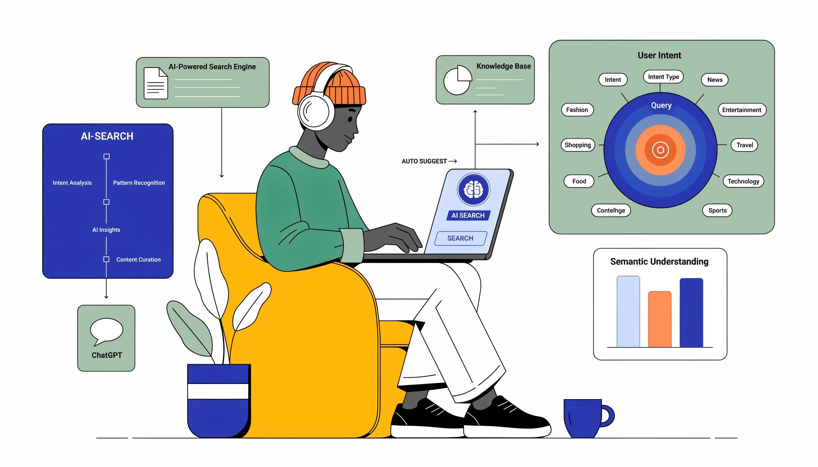An individual using a laptop featuring AI-driven search tools with surrounding digital elements symbolizing user intent, enhancing understanding of search dynamics.