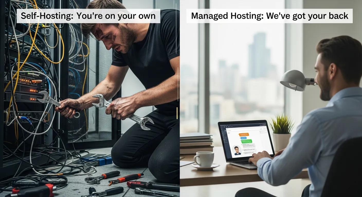 Side-by-side image suggesting hands-on self-hosting vs managed hosting support