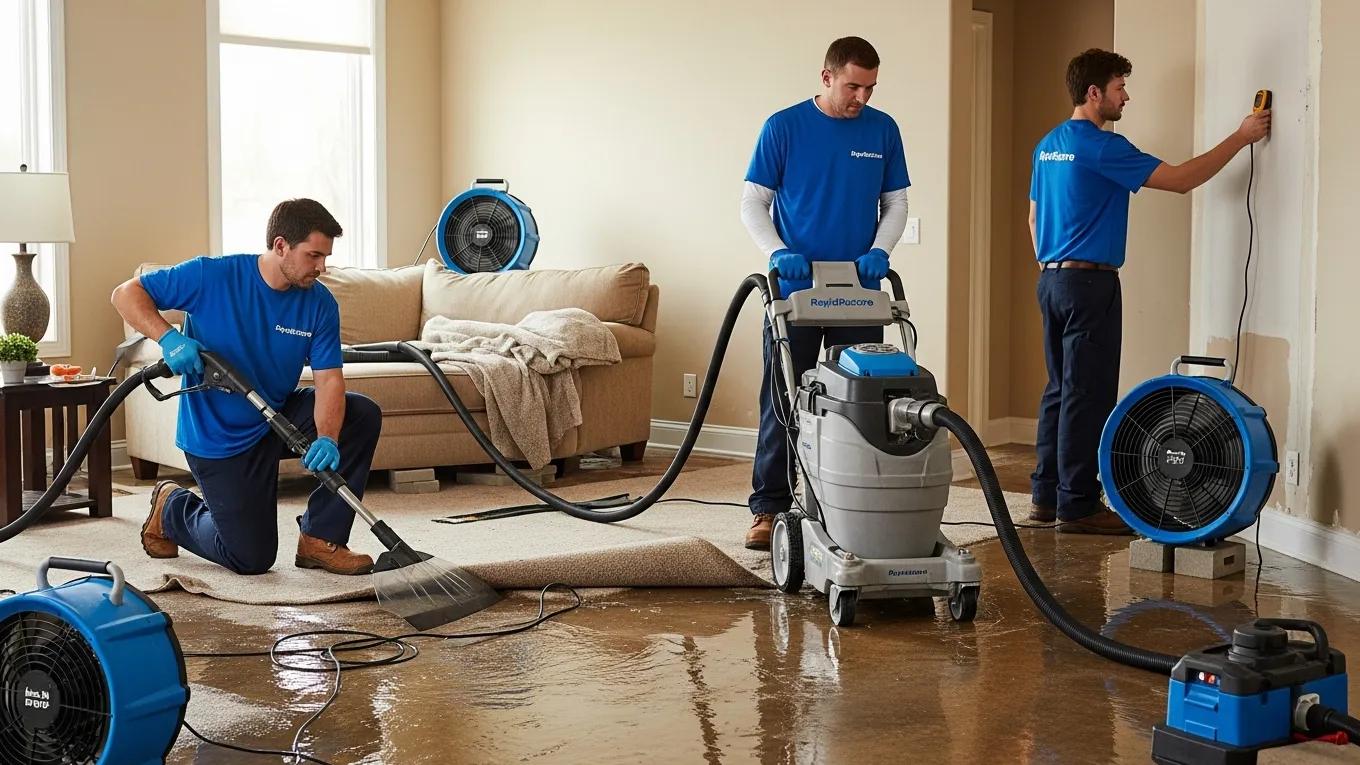 Water damage restoration team extracting water from a flooded home, showcasing professional services