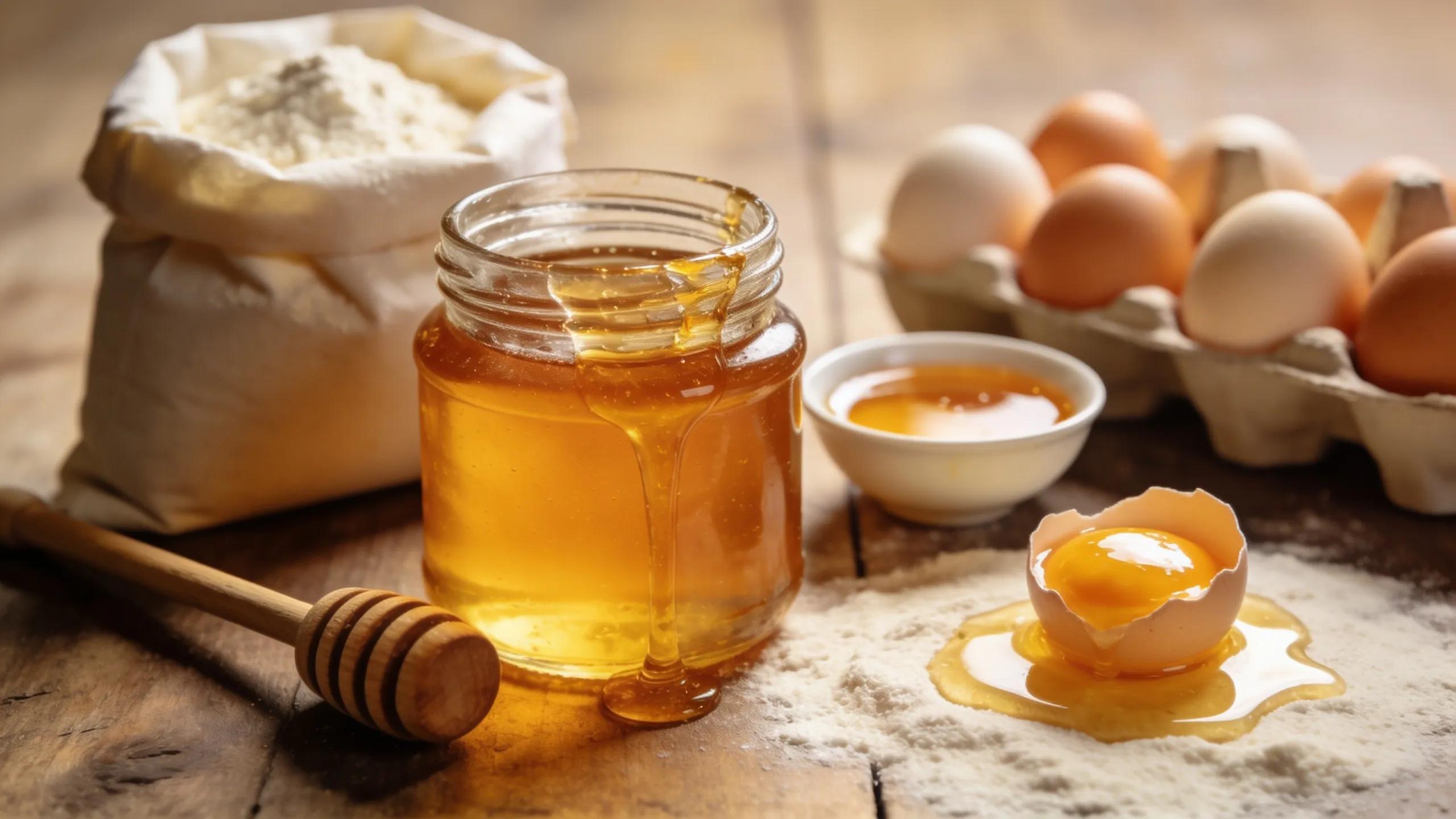 Jar of raw honey with a dipper beside flour and eggs, showing honey's role in baking