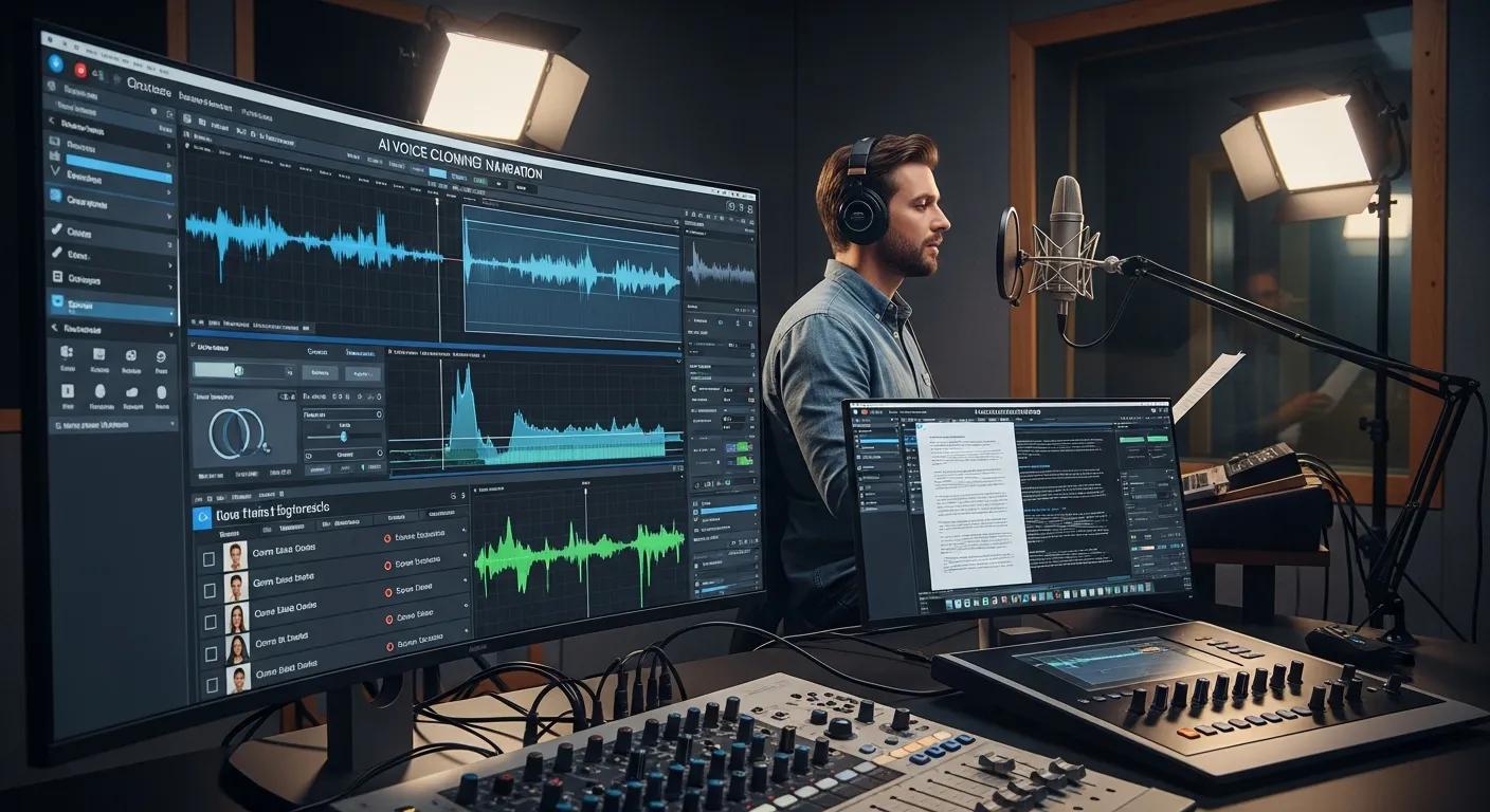 Studio setup illustrating AI voice cloning and narration tools Studio setup illustrating AI voice cloning and narration tools