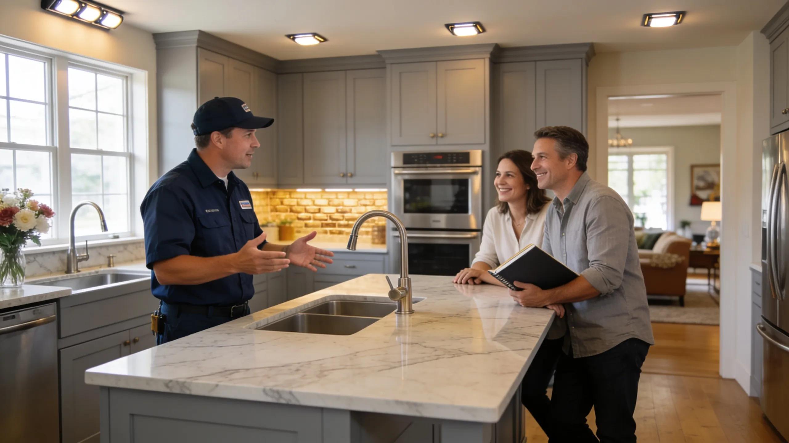 Licensed contractor discussing home remodeling with homeowners in a modern kitchen setting