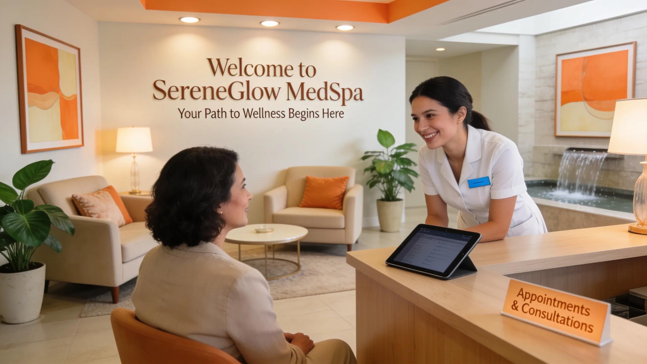 SereneGlow Med Spa reception area with patient consultation and AI-powered booking automation.