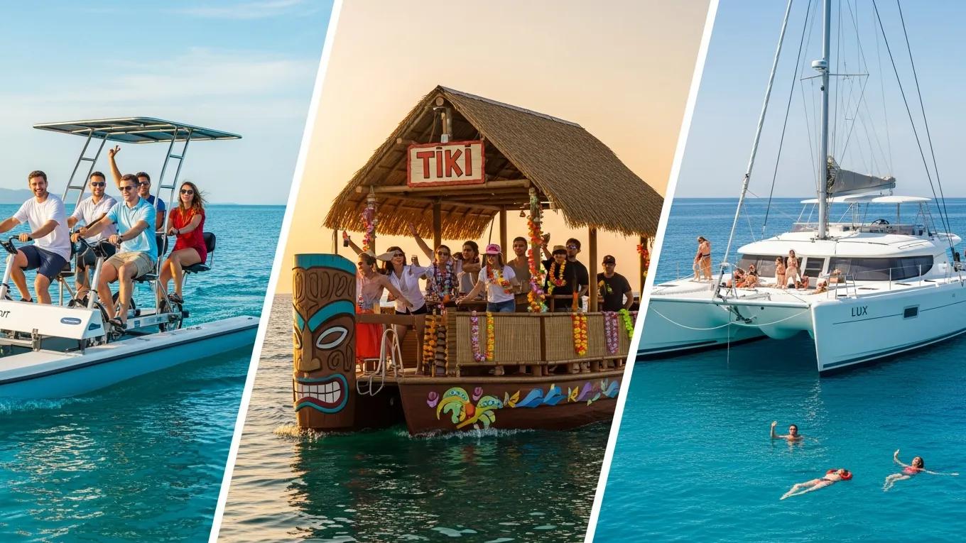 Collage of Tiki Boat, Cycleboat, and LUX Catamaran showcasing options for different group sizes