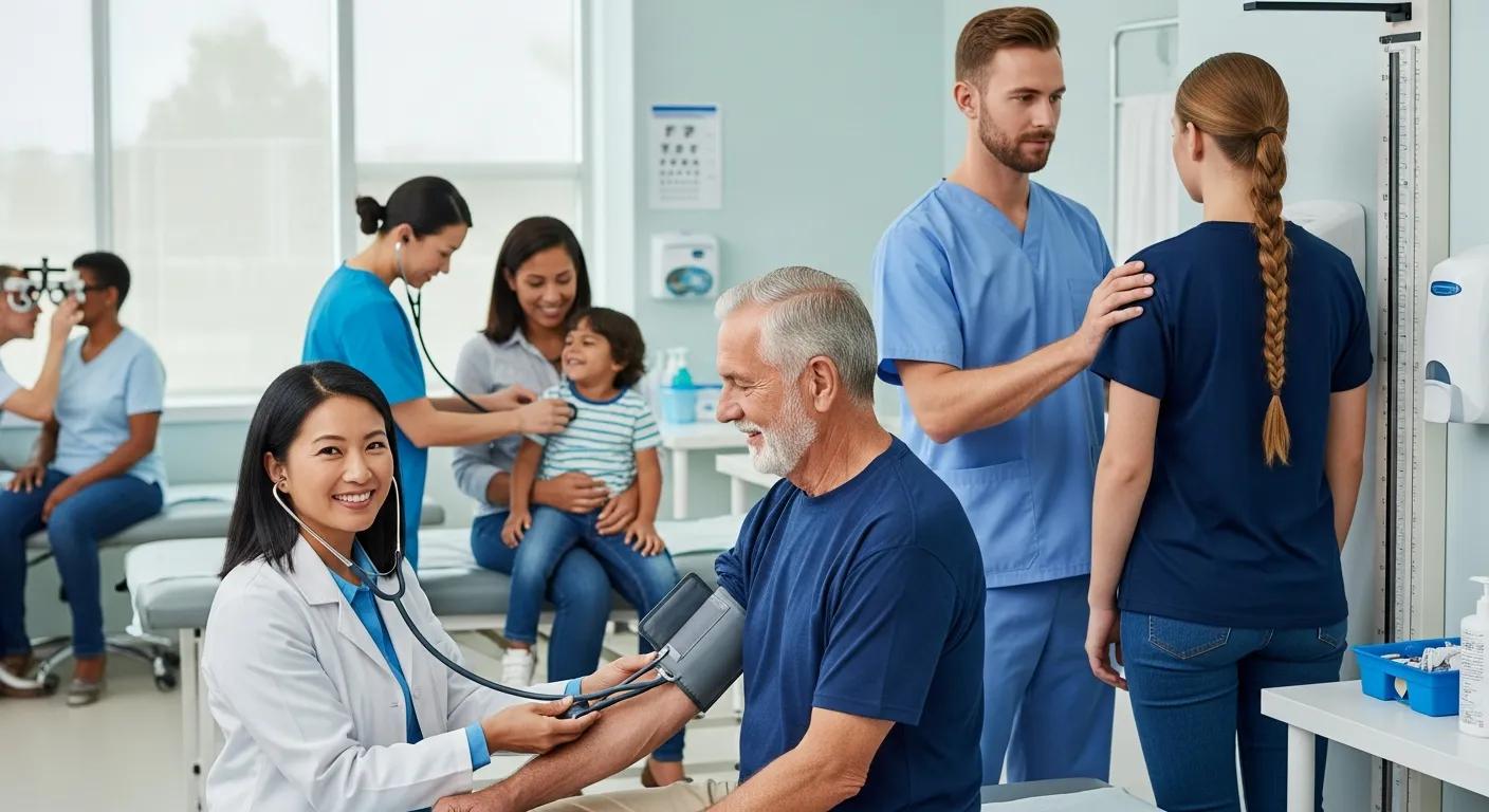 Diverse individuals undergoing different types of physical exams at a clinic