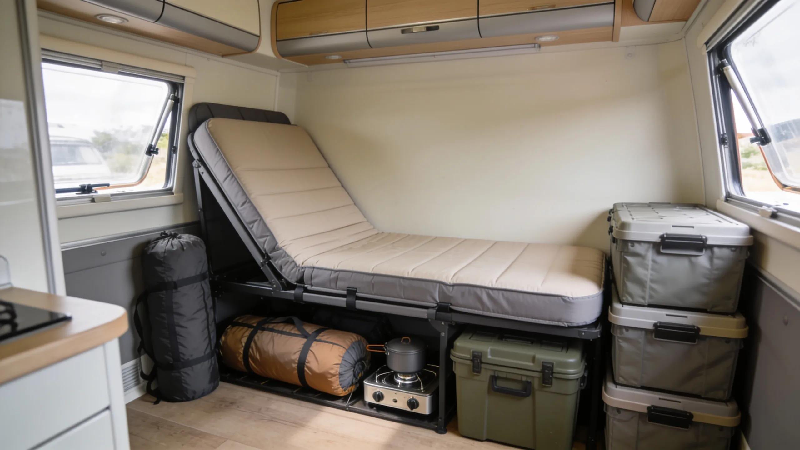 Bi-fold foldable mattress stored in a caravan, emphasising space efficiency and comfort