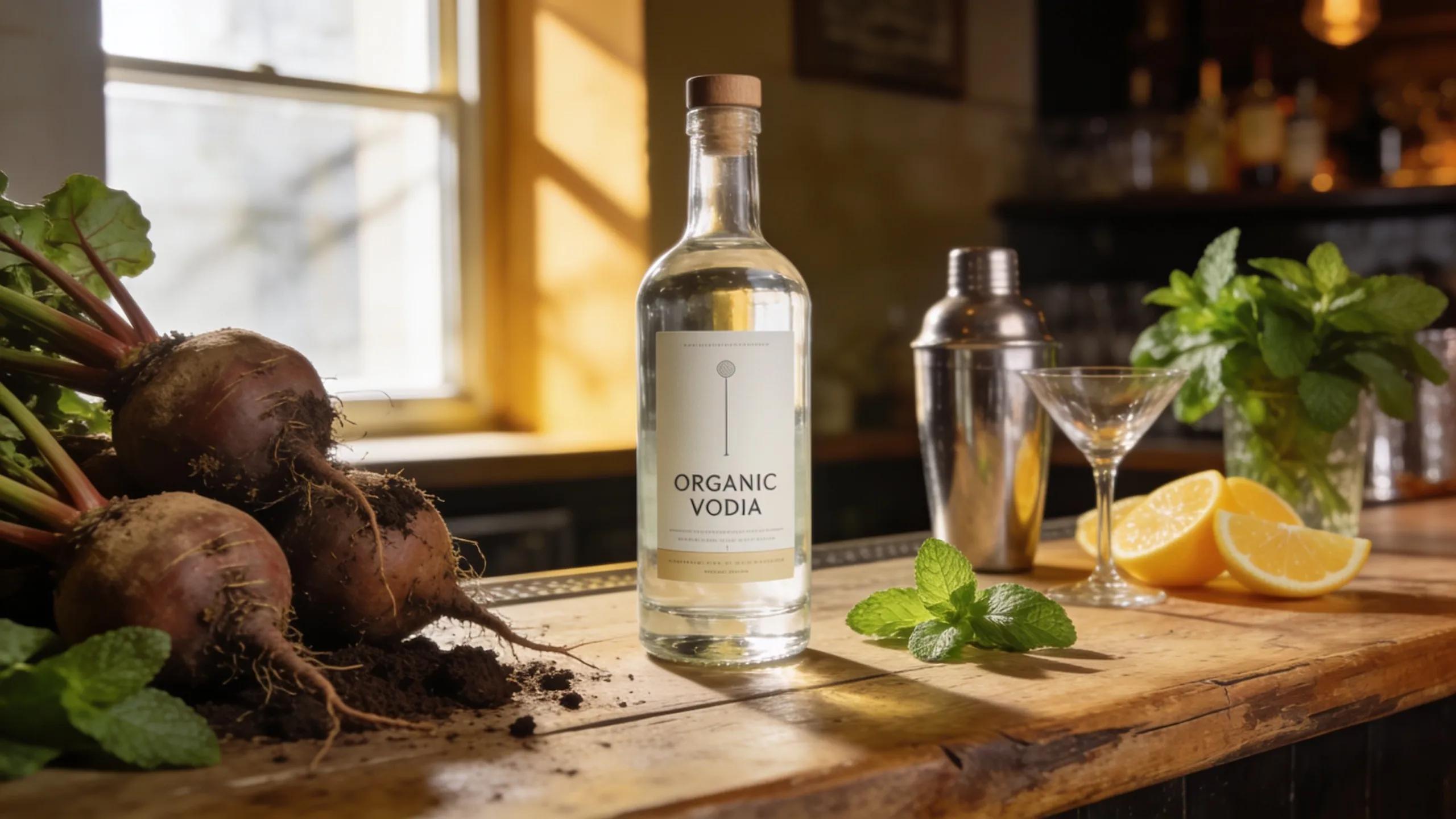 Bottle of organic vodka with fresh sugar beets and cocktail ingredients on a stylish bar counter
