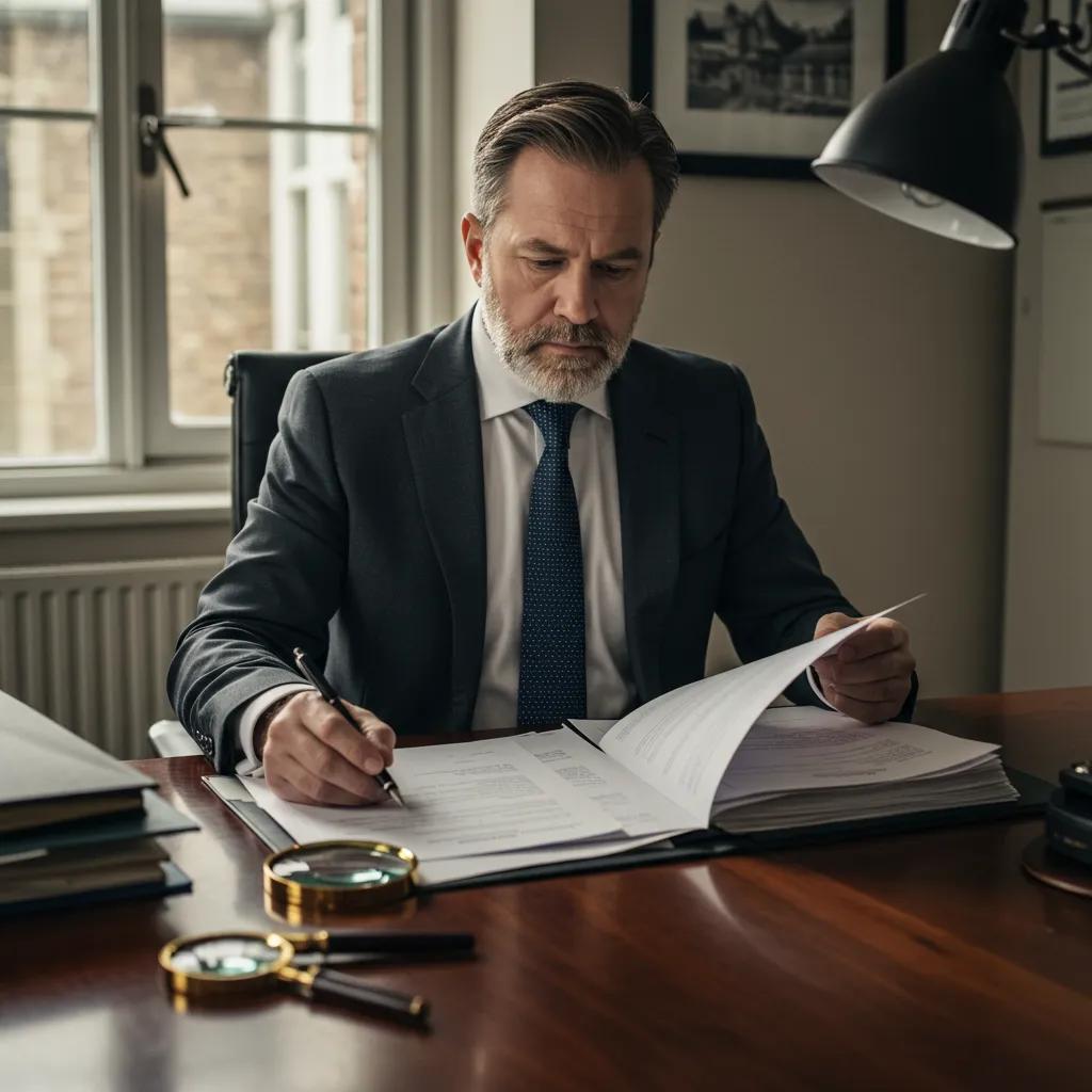 Private investigator examining documents in a West Midlands office, showcasing professionalism and expertise