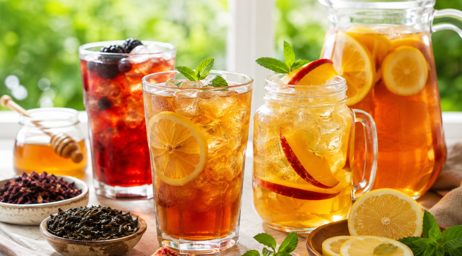 Sunlit glass of iced tea garnished with mint and lemon on a wooden table