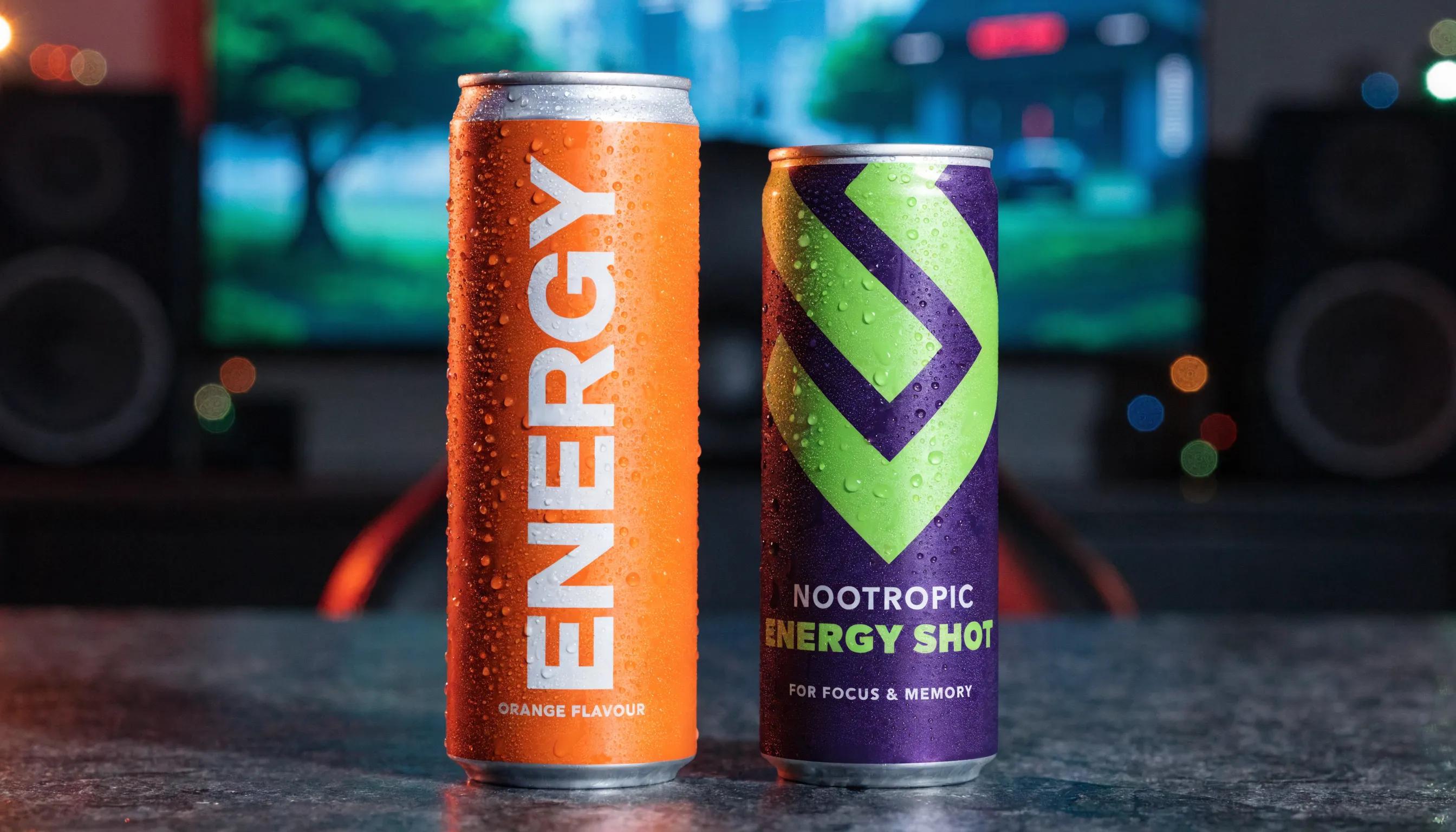 Comparison of traditional energy drink and nootropic energy shot on a gaming background