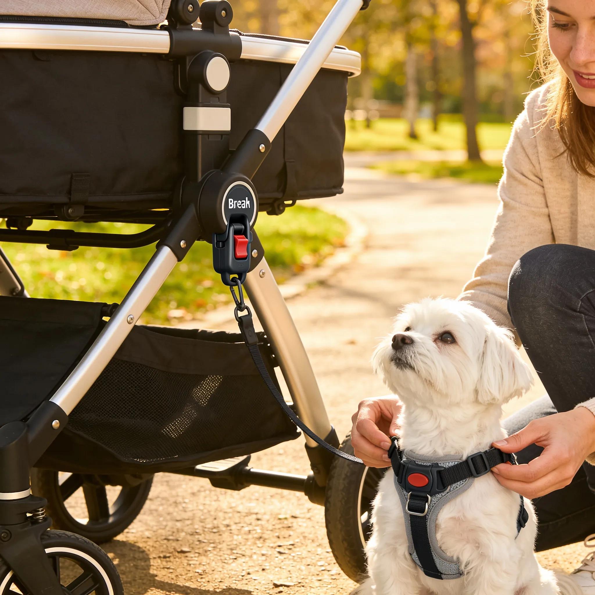 Owner securing Maltese dog in stroller highlighting safety features