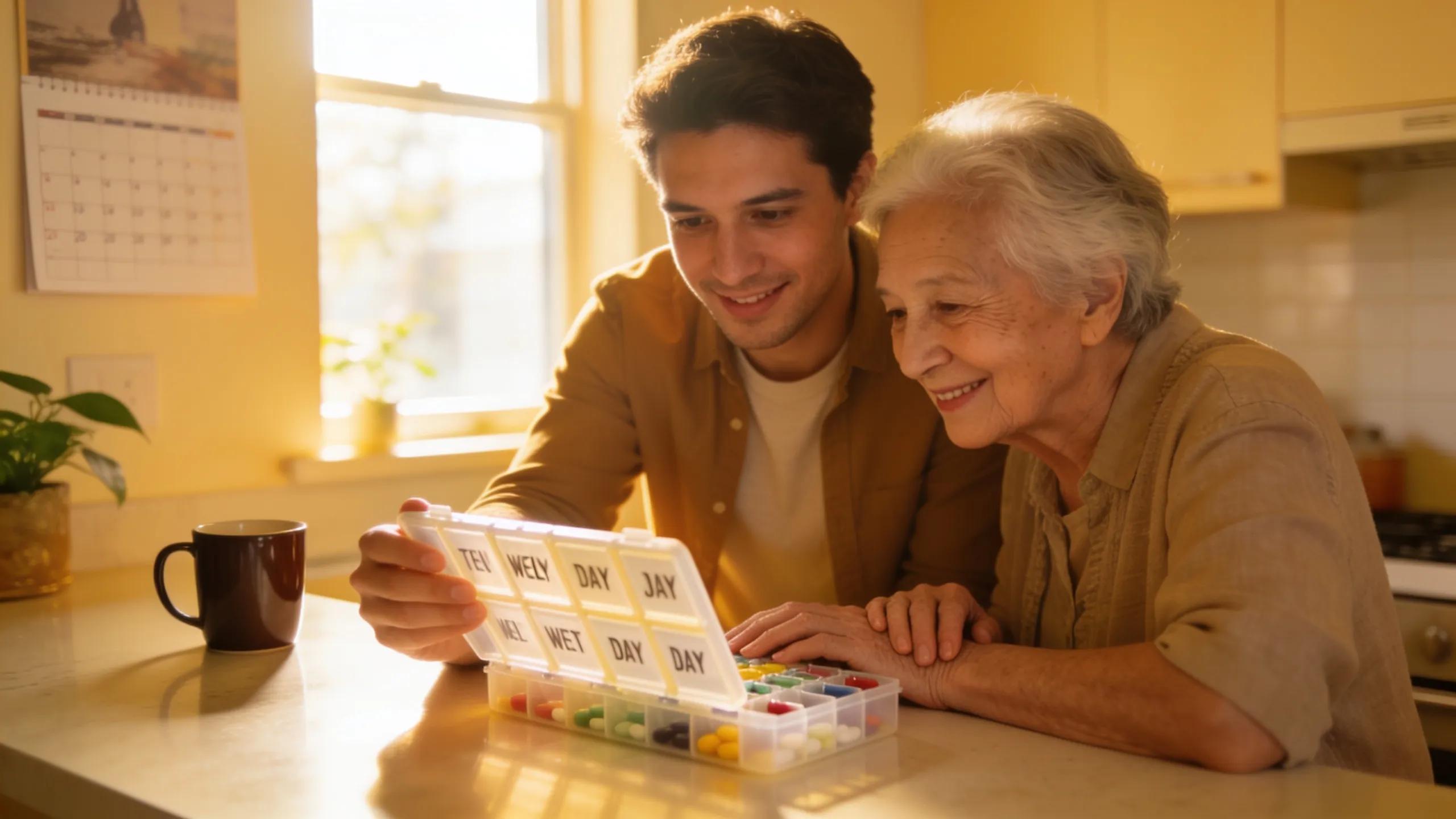 Family member assisting senior with pill organization, illustrating the importance of family support in medication coordination