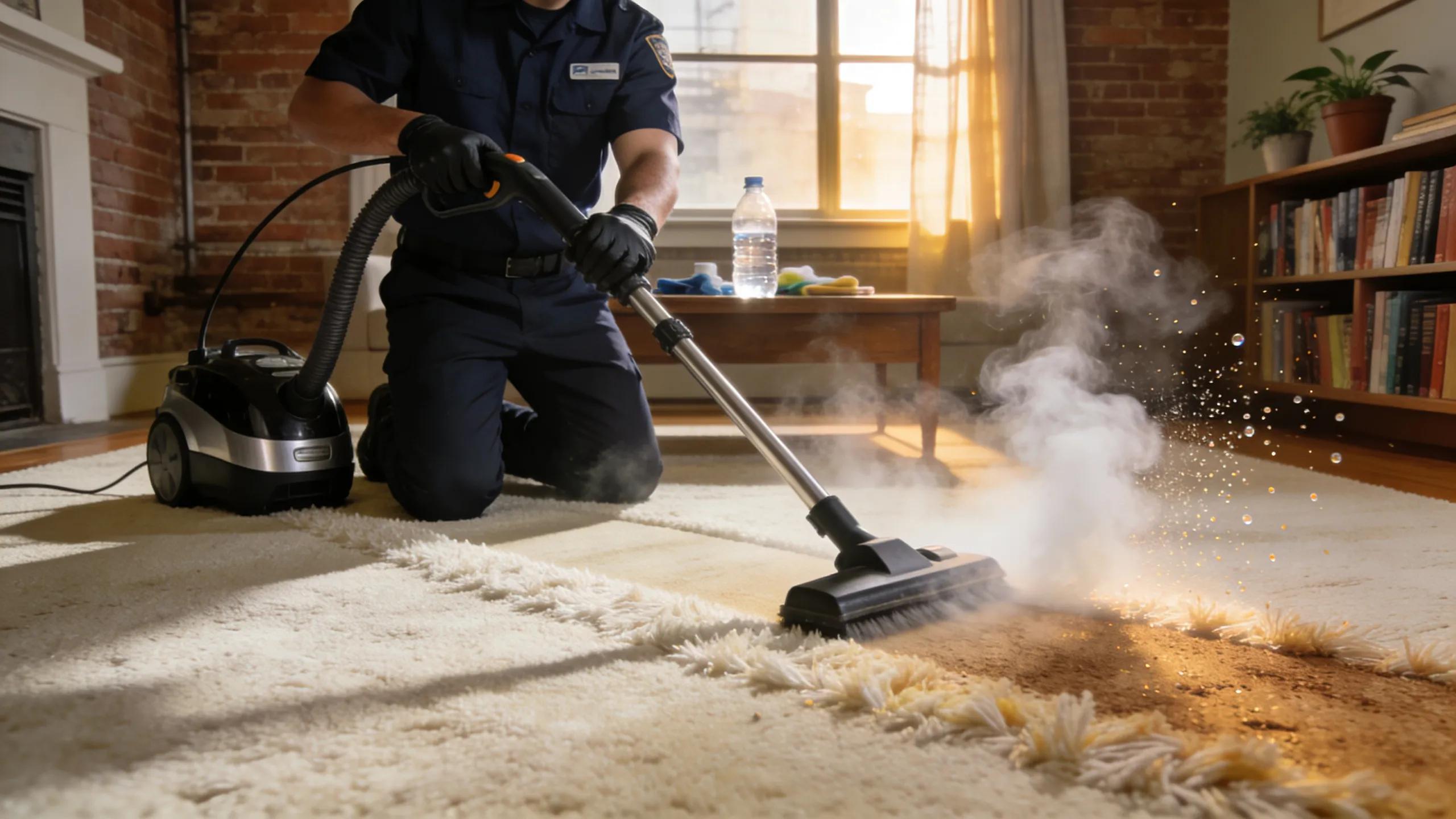 Professional cleaning service using steam cleaner on carpet, demonstrating effectiveness in removing dirt and allergens