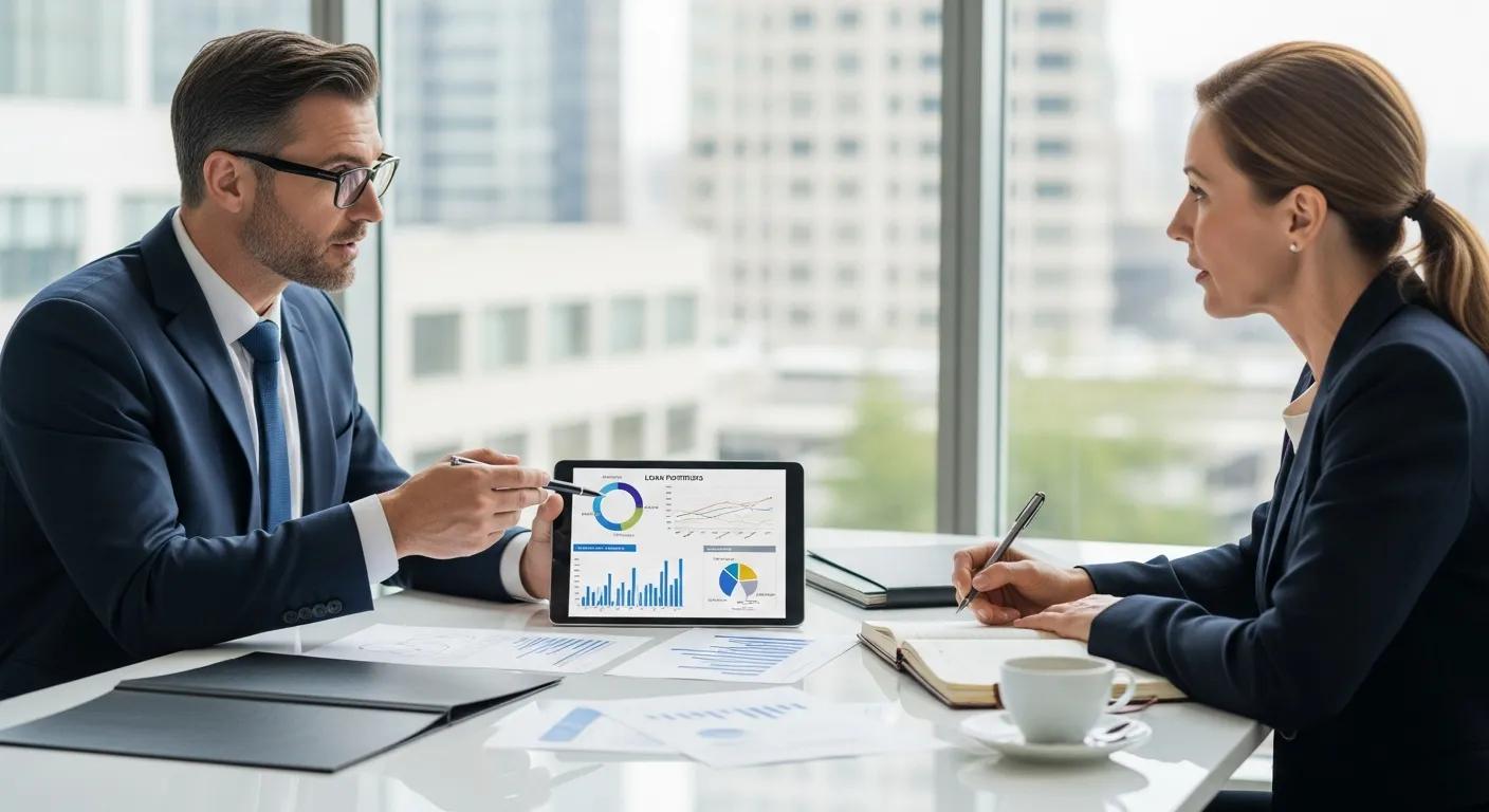 Financial advisor discussing loan portfolio disposal strategies with a client Financial advisor discussing loan portfolio disposal strategies with a client