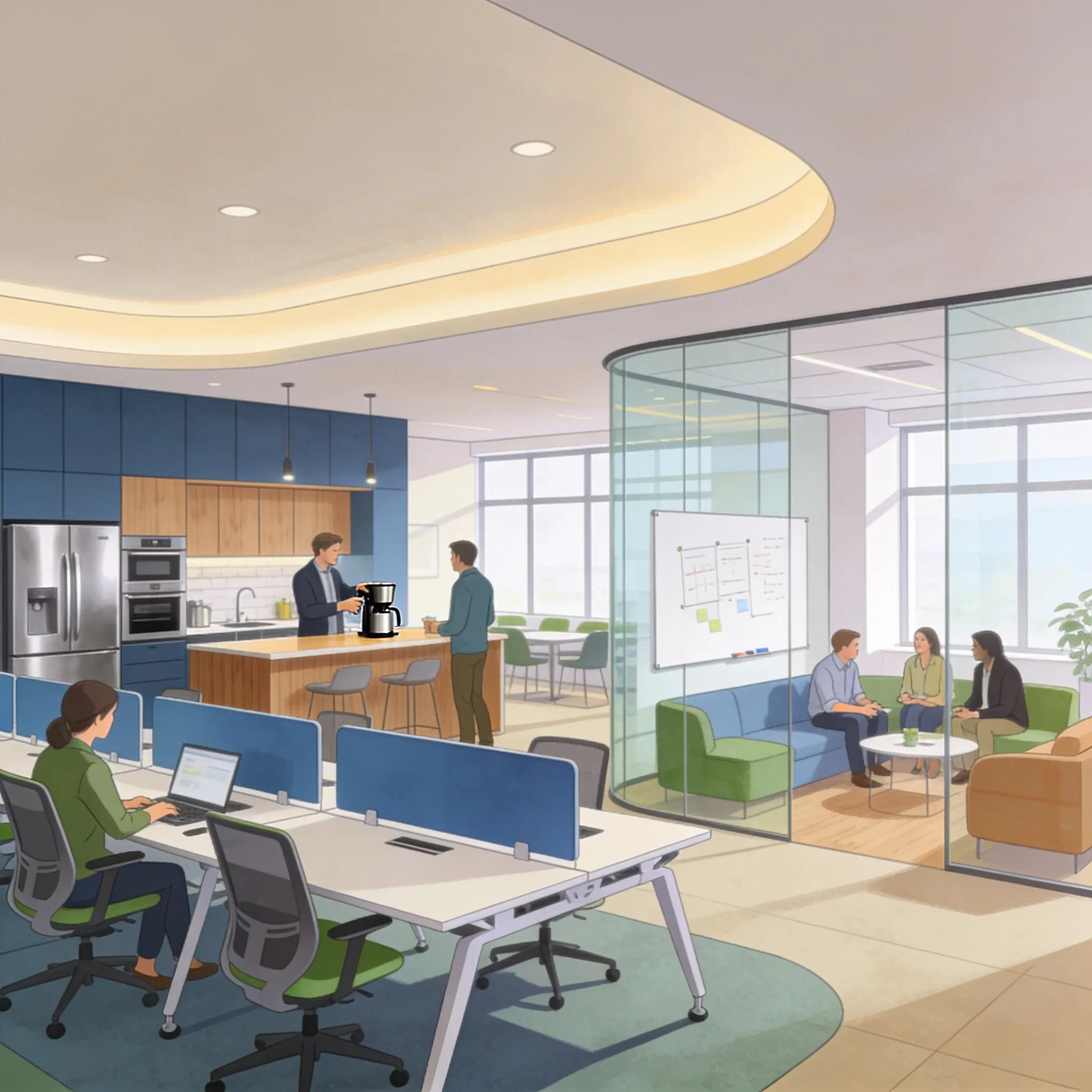 Inviting office environment displaying modular workstations, refreshed break areas, and collaborative meeting spaces for enhanced productivity