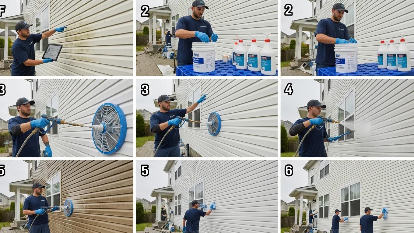 Step-by-step soft washing process with professionals at work