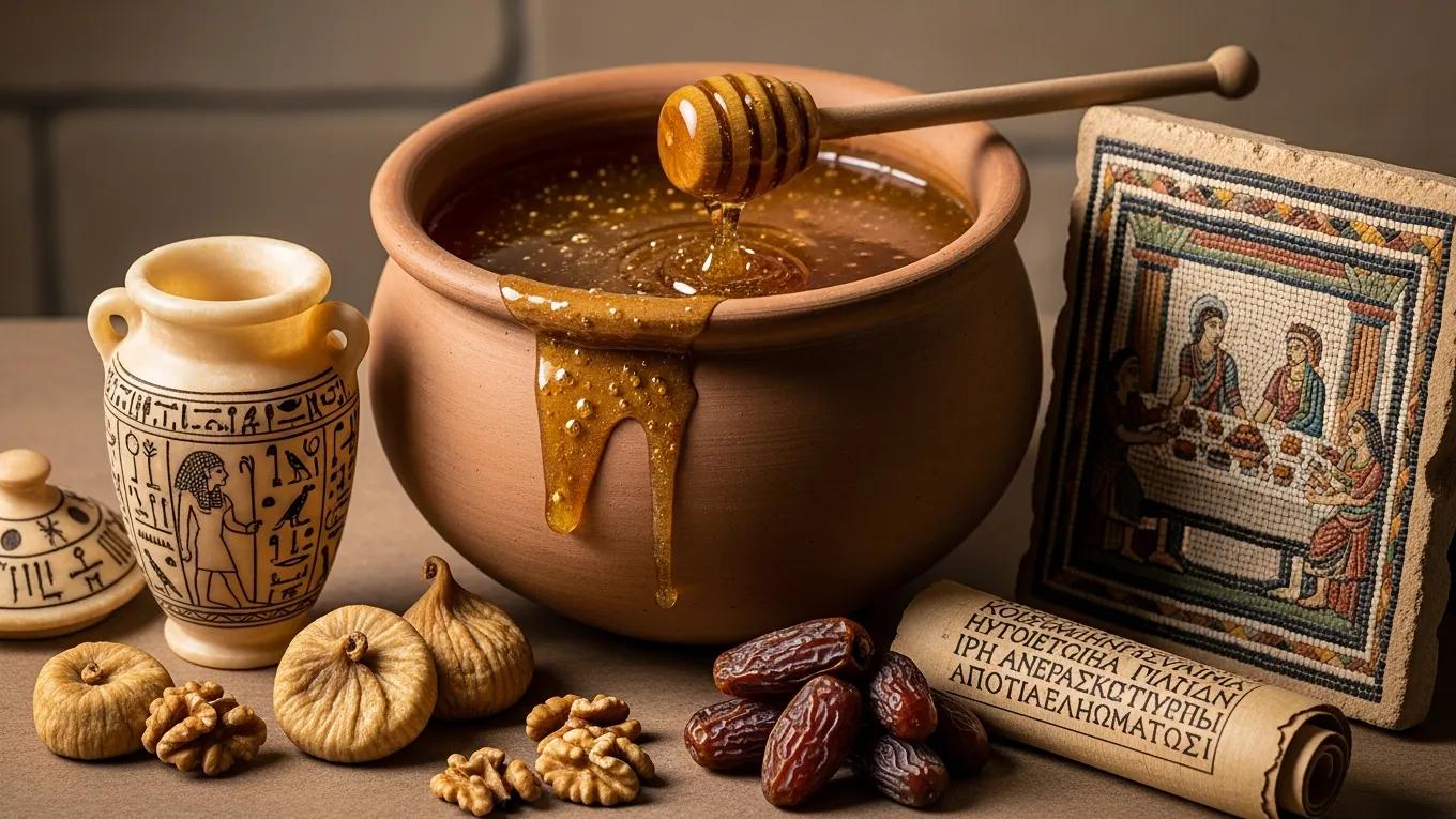 Jar of raw honey beside ancient artifacts, showing how honey was used historically