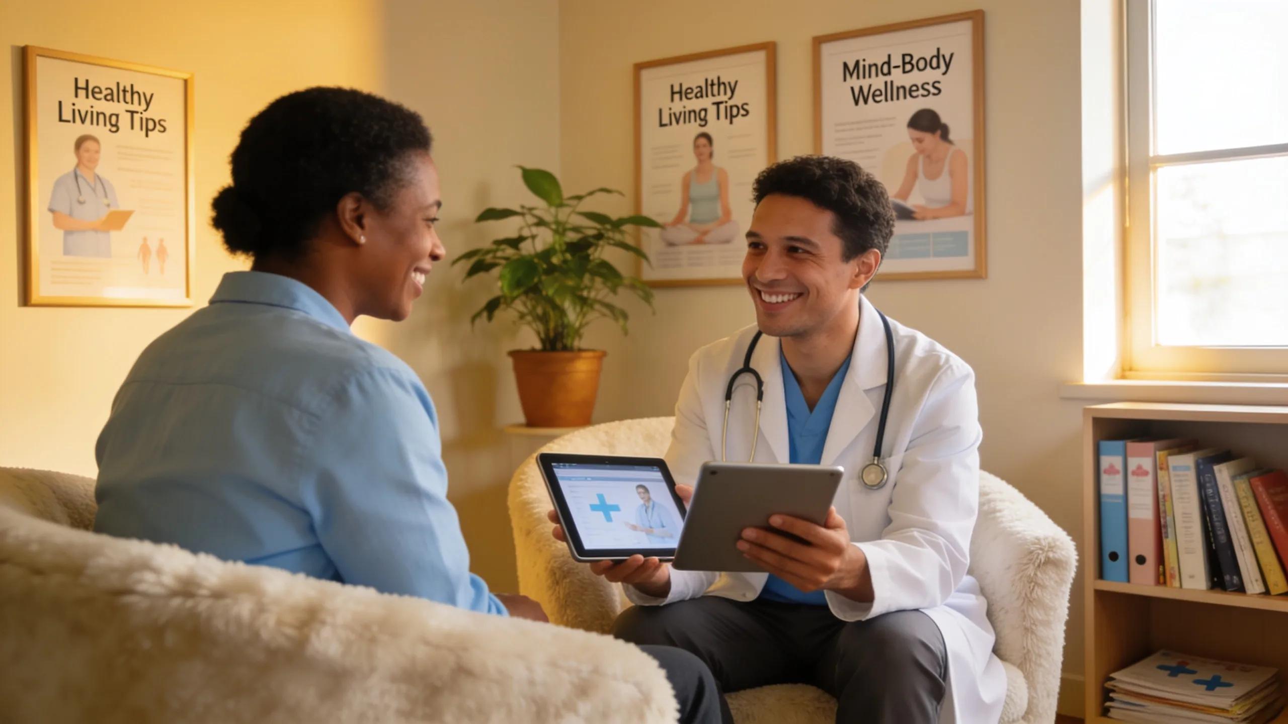 Provider connecting with a patient via tablet in a welcoming clinic