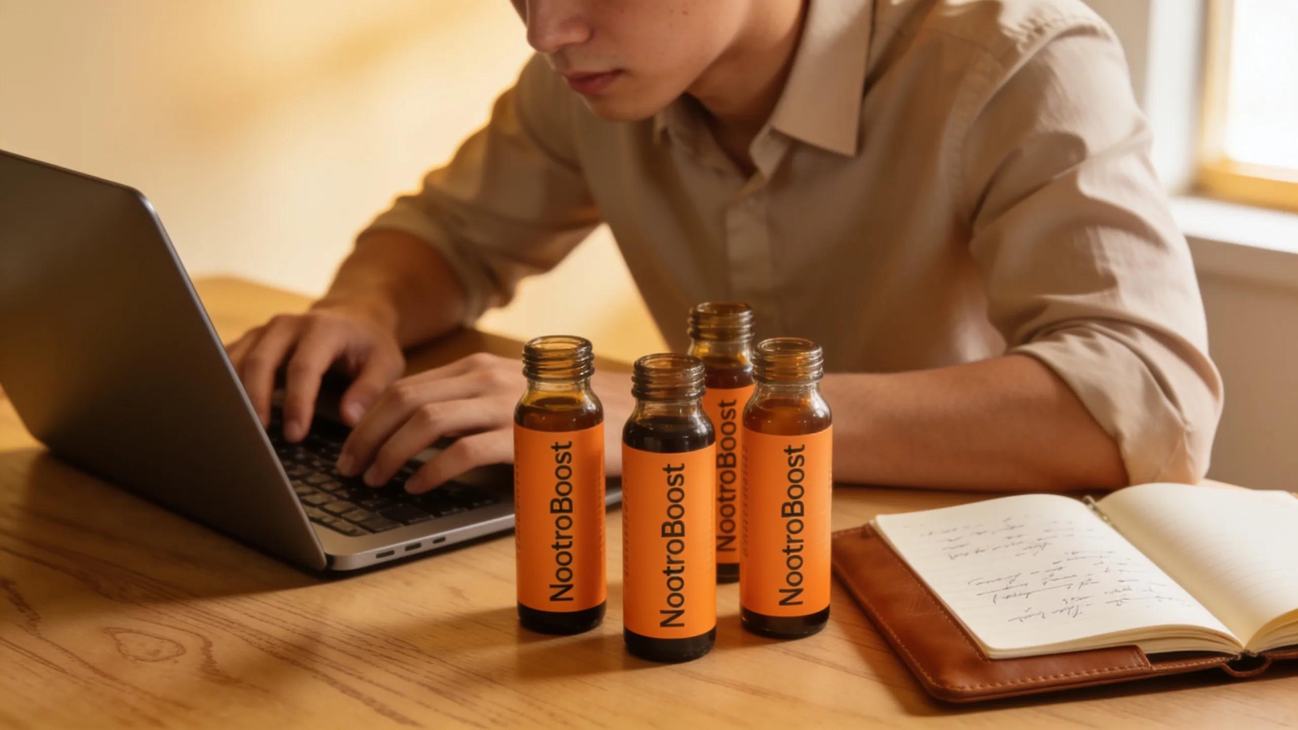 A young professional demonstrating enhanced focus and cognitive clarity with nootropic energy shots on their desk