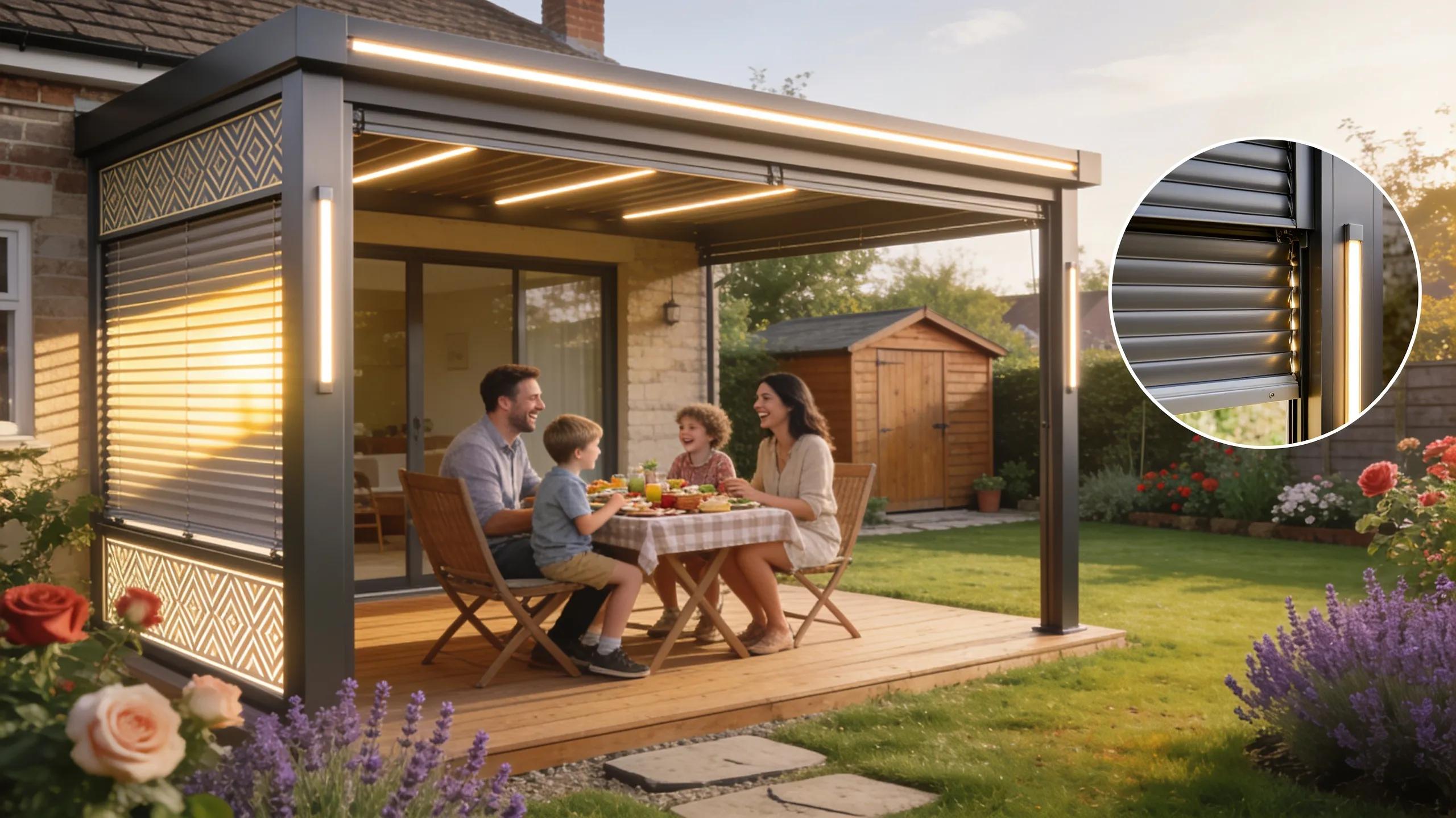 Family enjoying time under an aluminium pergola in a UK garden