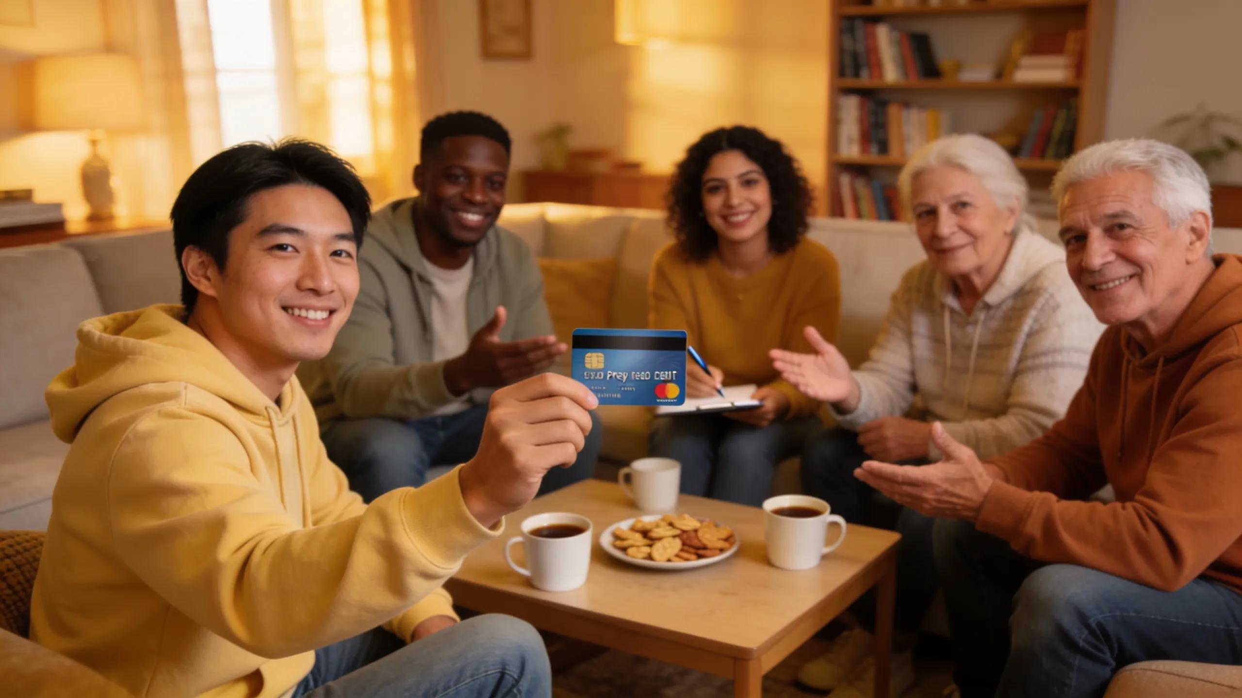 Diverse group discussing finances with prepaid debit cards, emphasizing accessibility in California