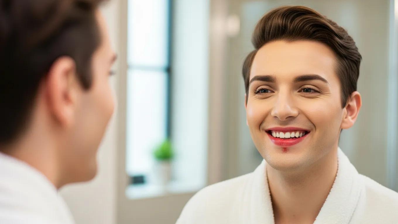 Transgender individual confidently admiring their appearance after electrolysis treatment
