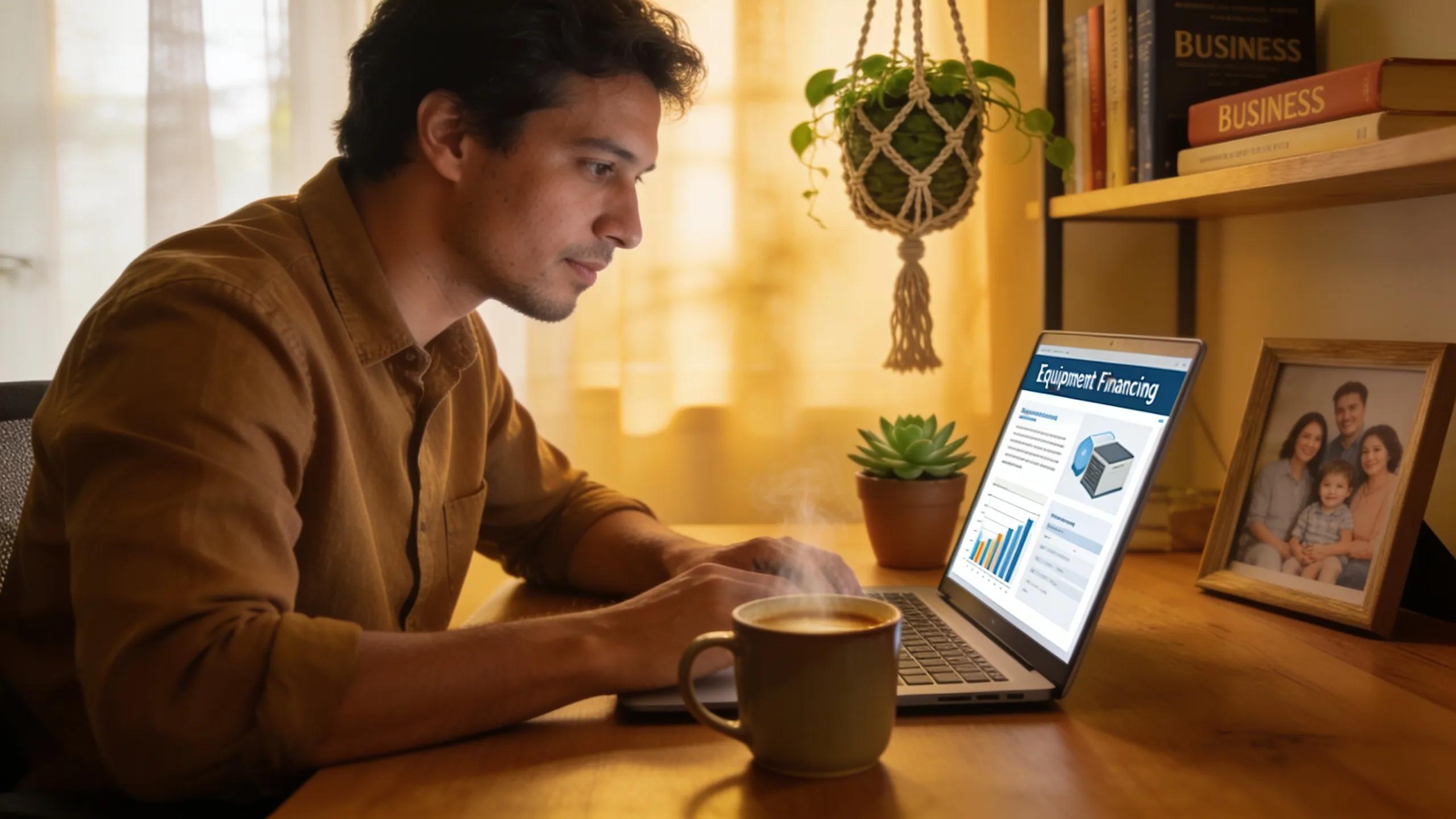 Small business owner exploring equipment financing options in a cozy office setting