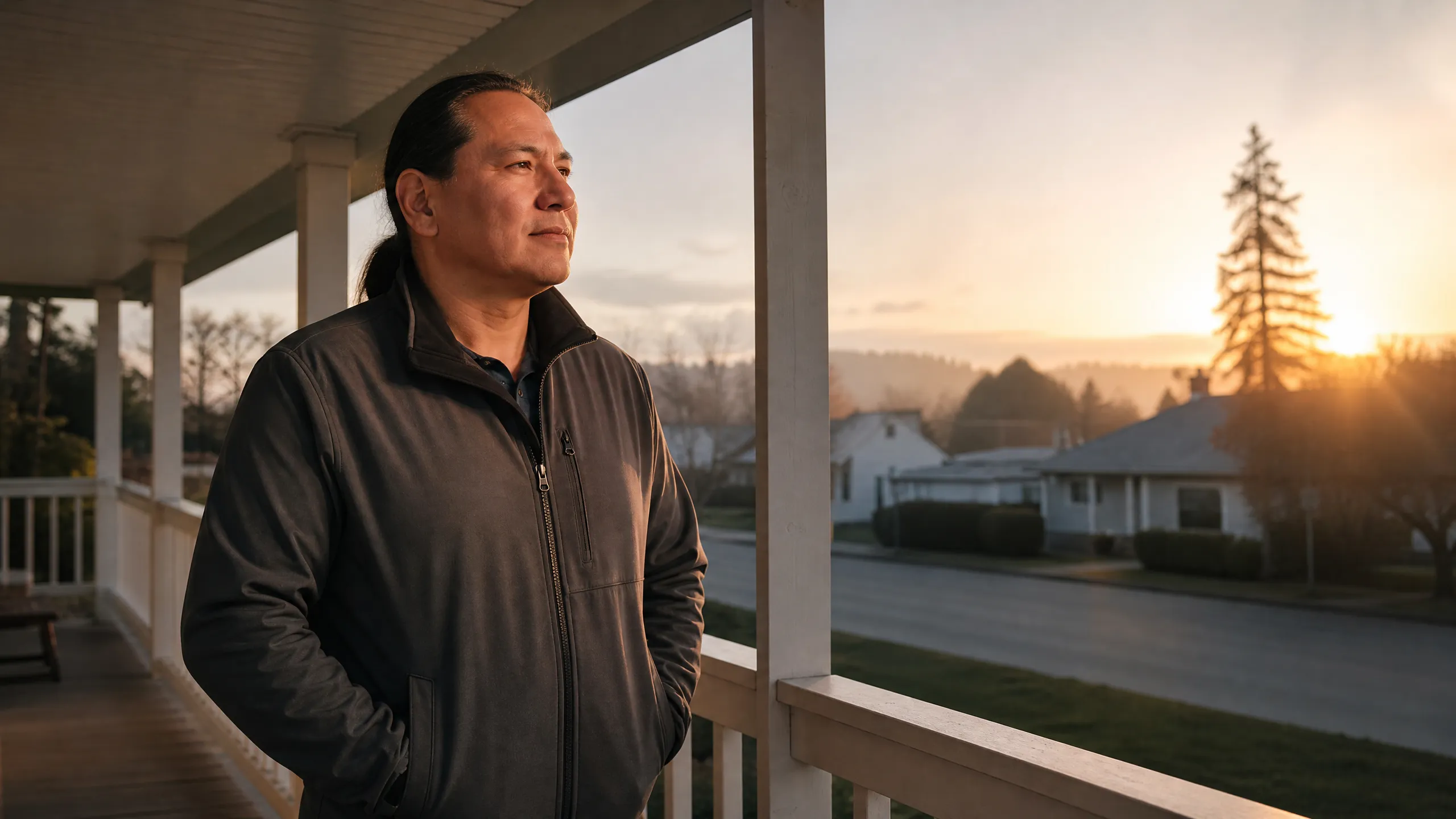 Man in his 40s standing outside on a porch at sunrise, hands in pockets, looking out