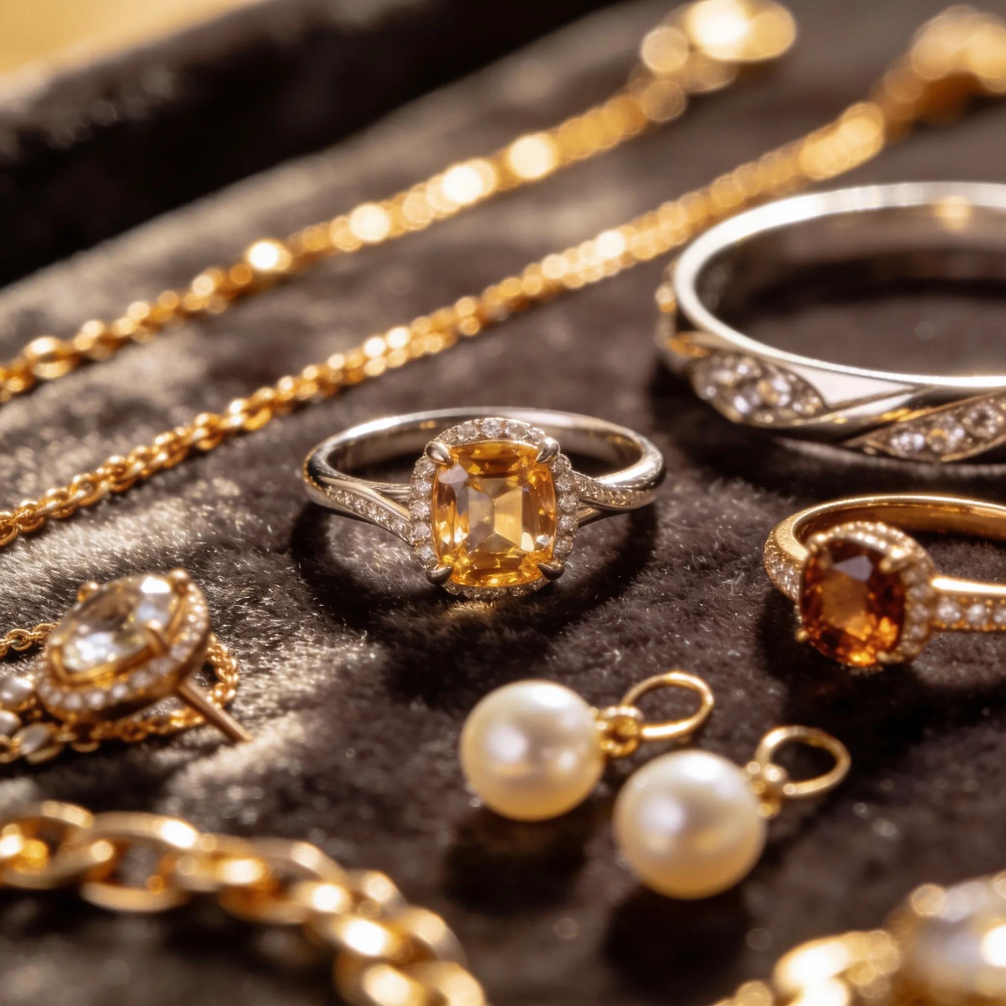 Jewelry cleaning tips featuring gold, silver, valued gemstones, and pearls arranged elegantly on a velvet surface