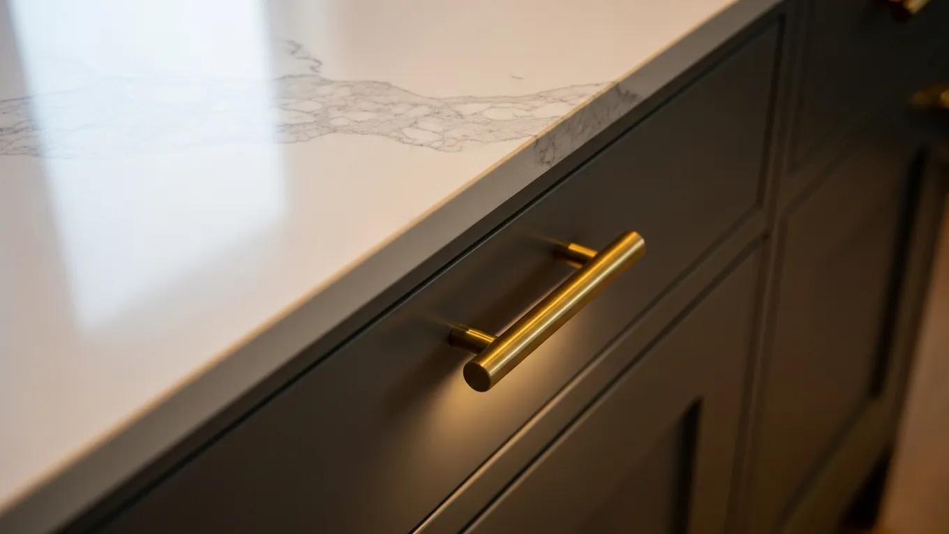 A close-up, texture-forward shot of a countertop/cabinet material — quartz slab, cabinet hardware, etc. Doesn't need to be a full room shot.