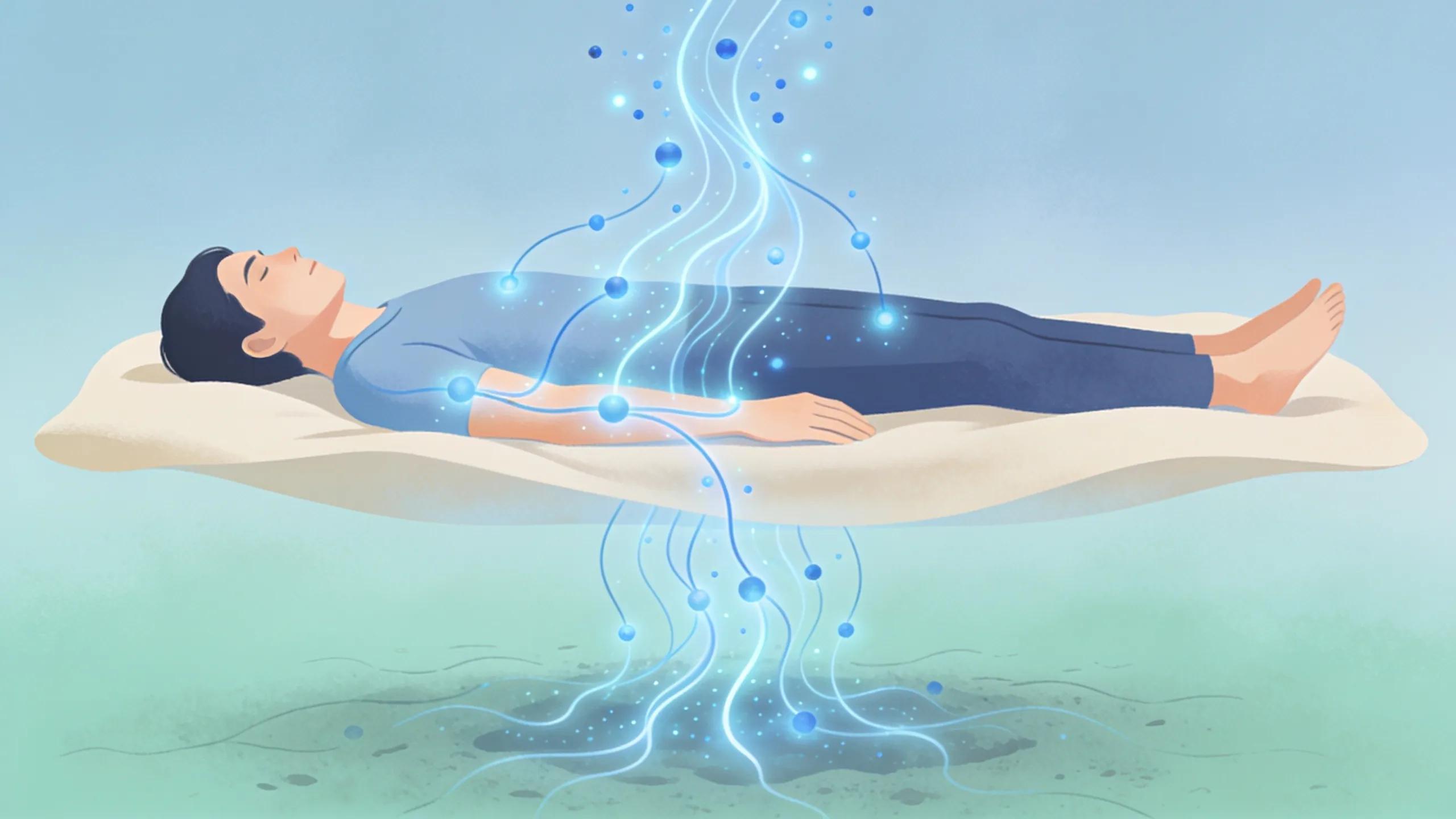Illustration of electron transfer from the Earth via grounding sheets, highlighting health benefits