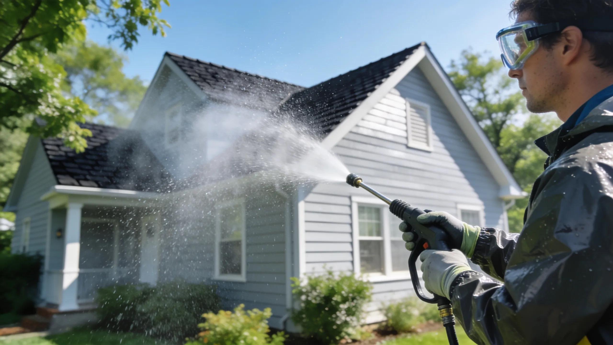 Soft washing process on a residential home exterior with low-pressure water and eco-friendly solutions