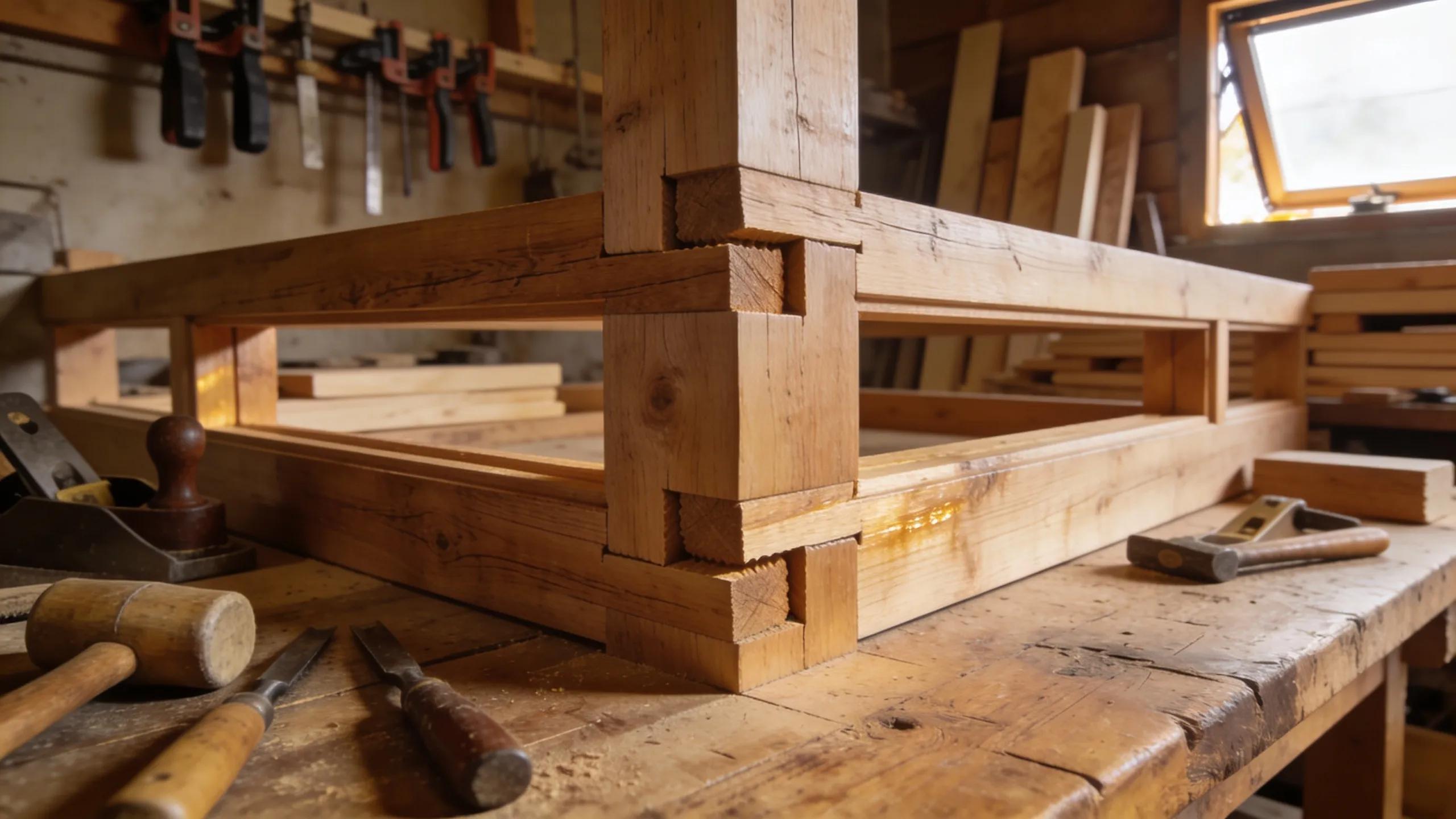 Close-up of timber frame joinery techniques showcasing traditional joints and wood craftsmanship