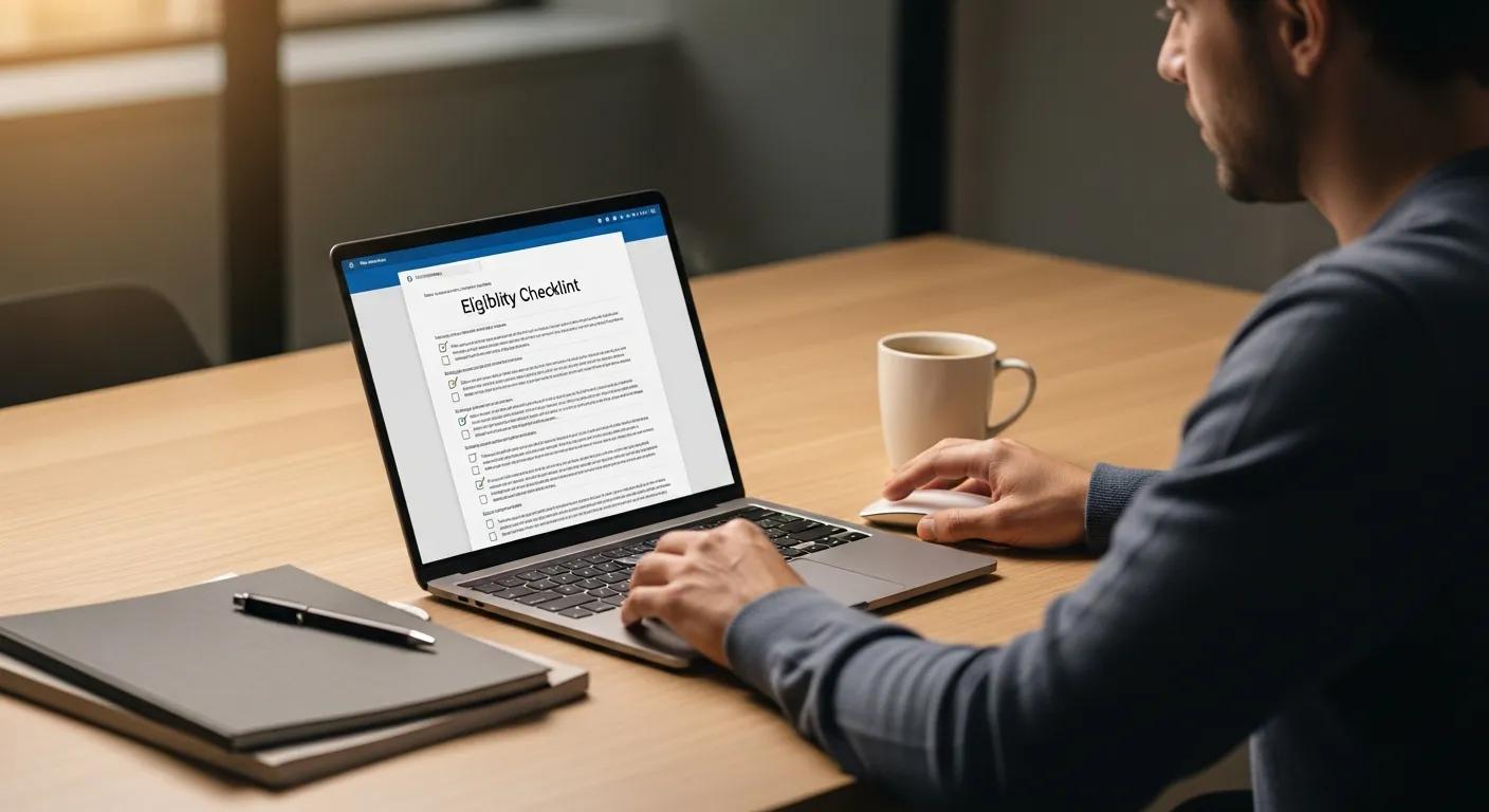 Person reviewing an eligibility checklist for CCMP certification on a laptop at a wooden table with a coffee cup.