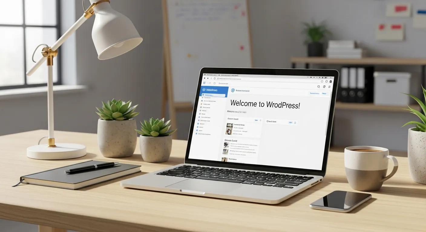 WordPress dashboard displayed on a laptop in a tidy workspace