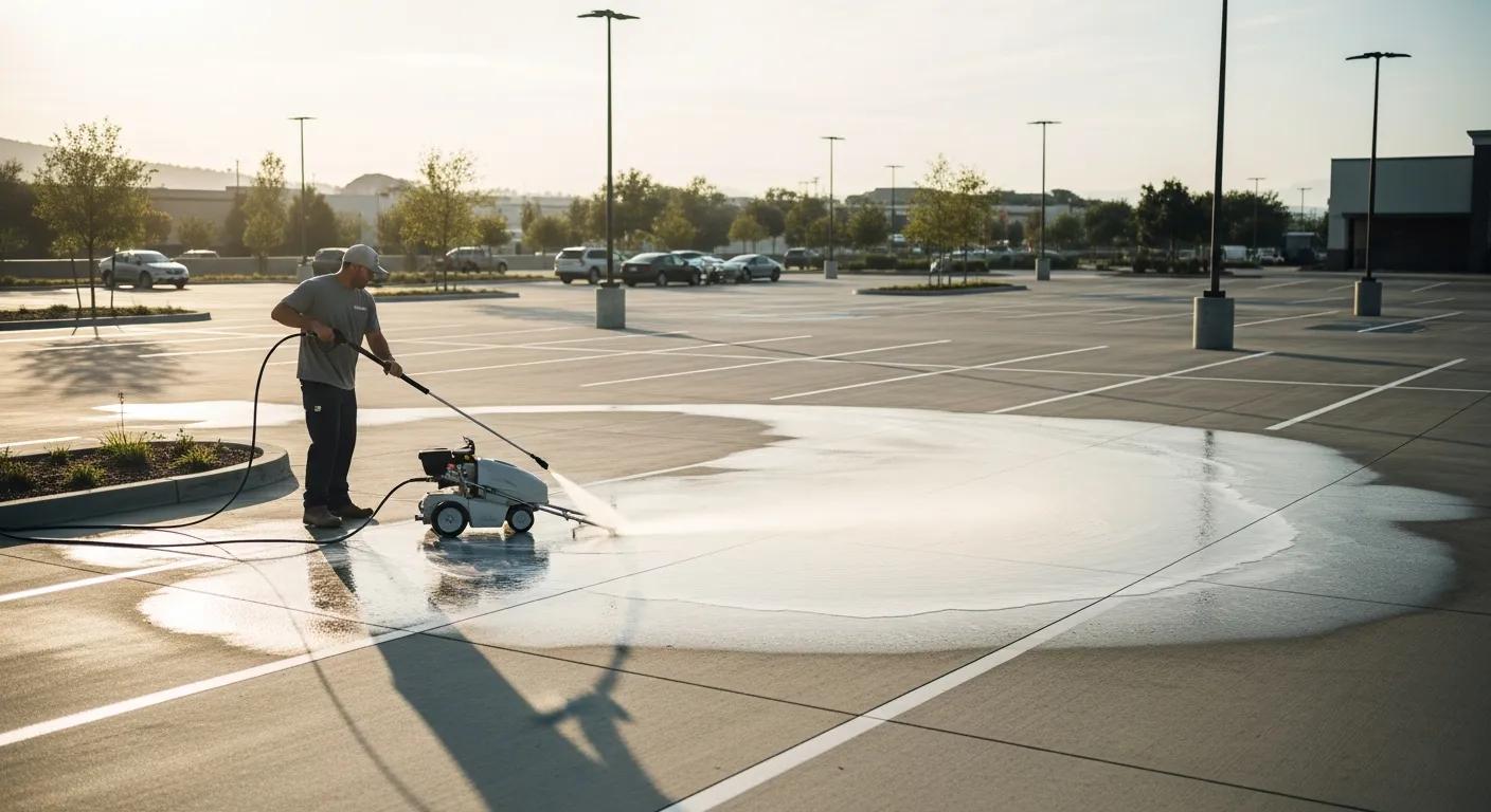 Soft washing process in a commercial parking lot with eco-friendly cleaning solutions