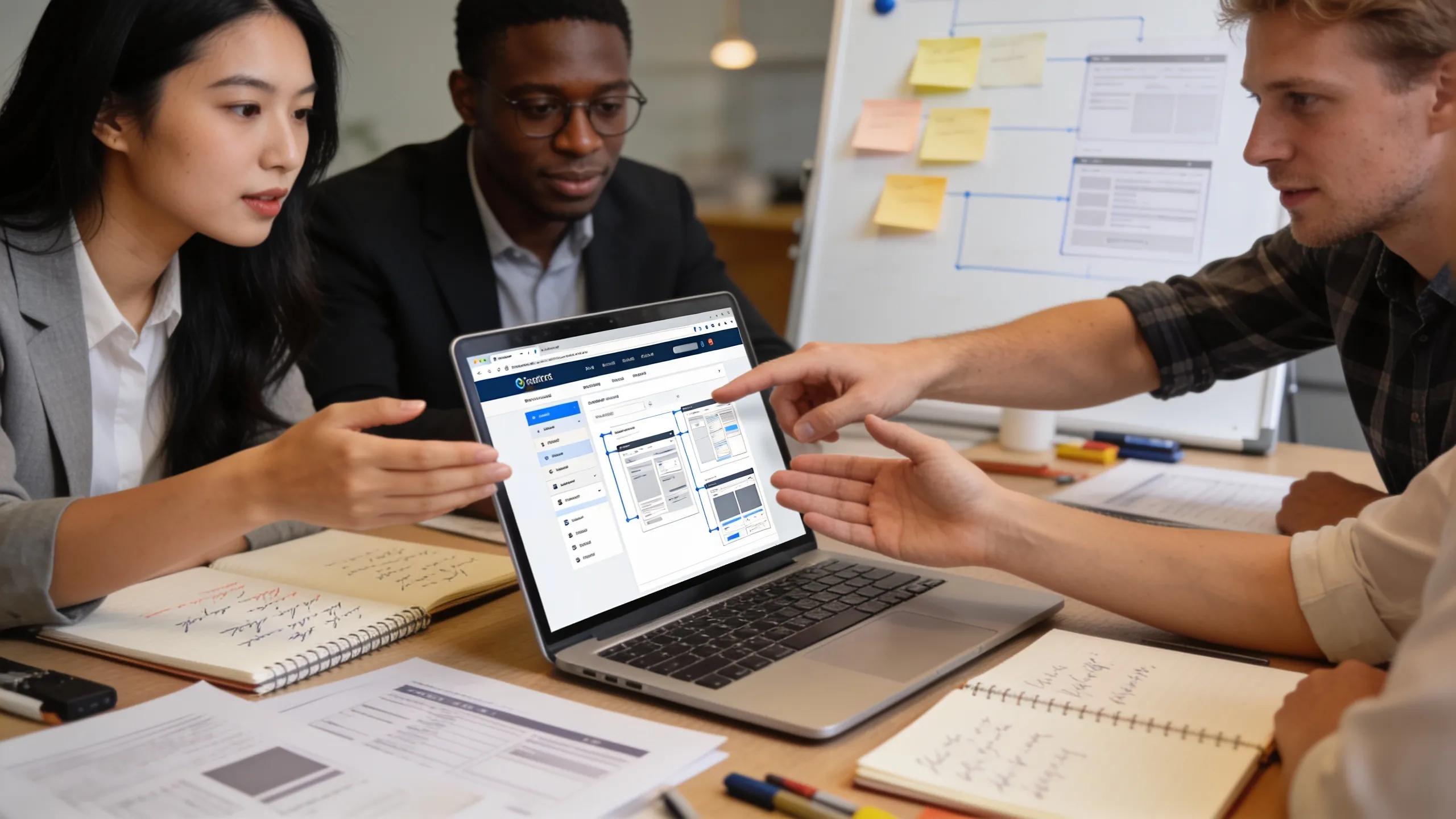 Professionals collaborating on website analysis to enhance SEO strategies