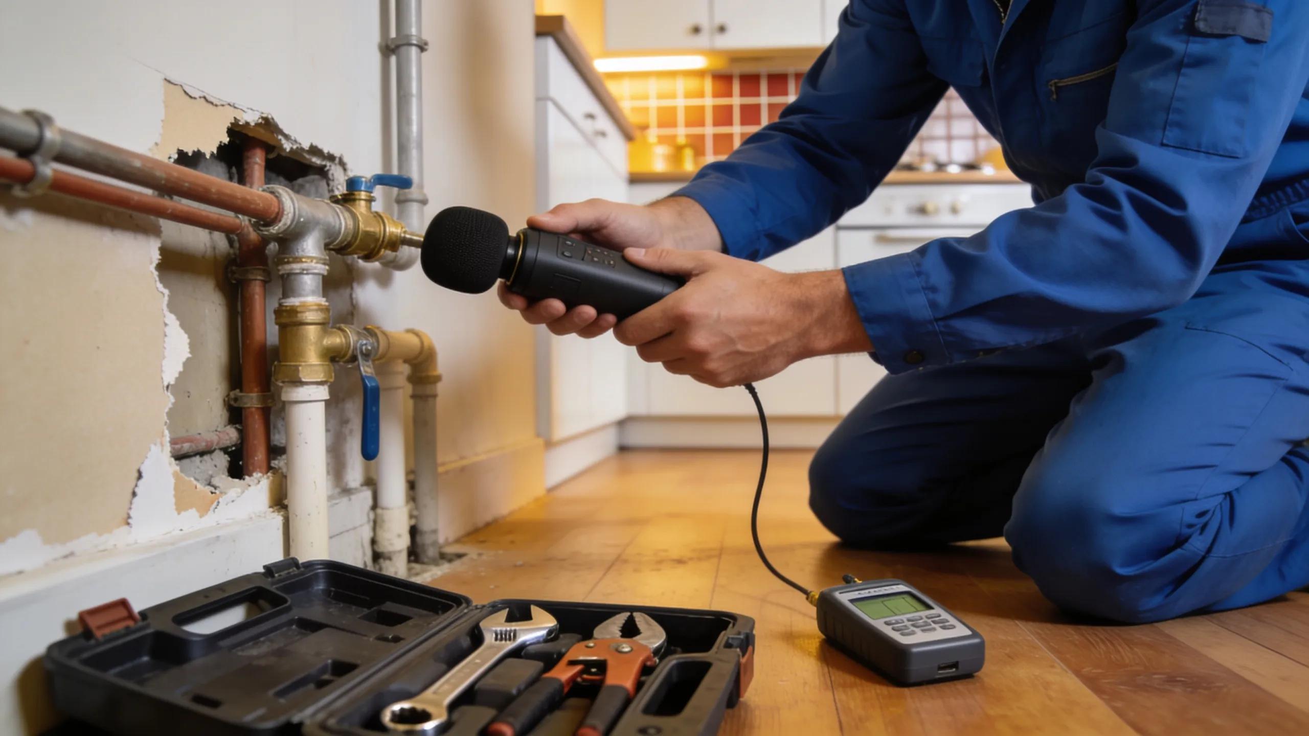 Plumber using advanced leak detection technology in residential setting for water line repair