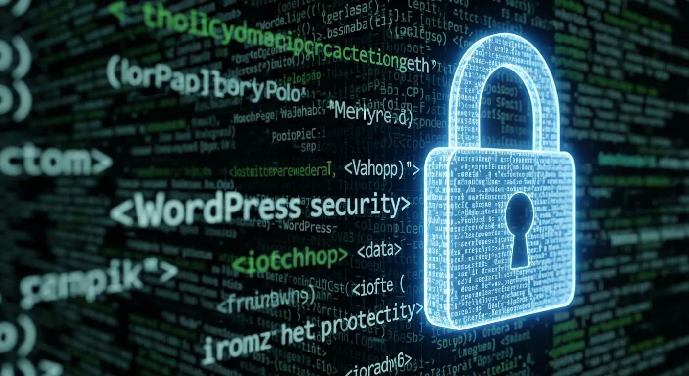 Digital padlock over code representing WordPress security and data protection