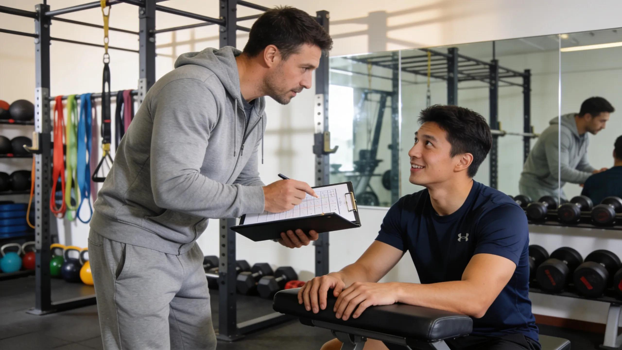 Consultation between a client and a strength training coach with training plans